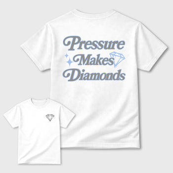 Pressure Makes Diamonds graphic t-shirt, Double side styled graphic shirts to complete your fit with the 5s Retro White Metallic sneakers, shown in White.