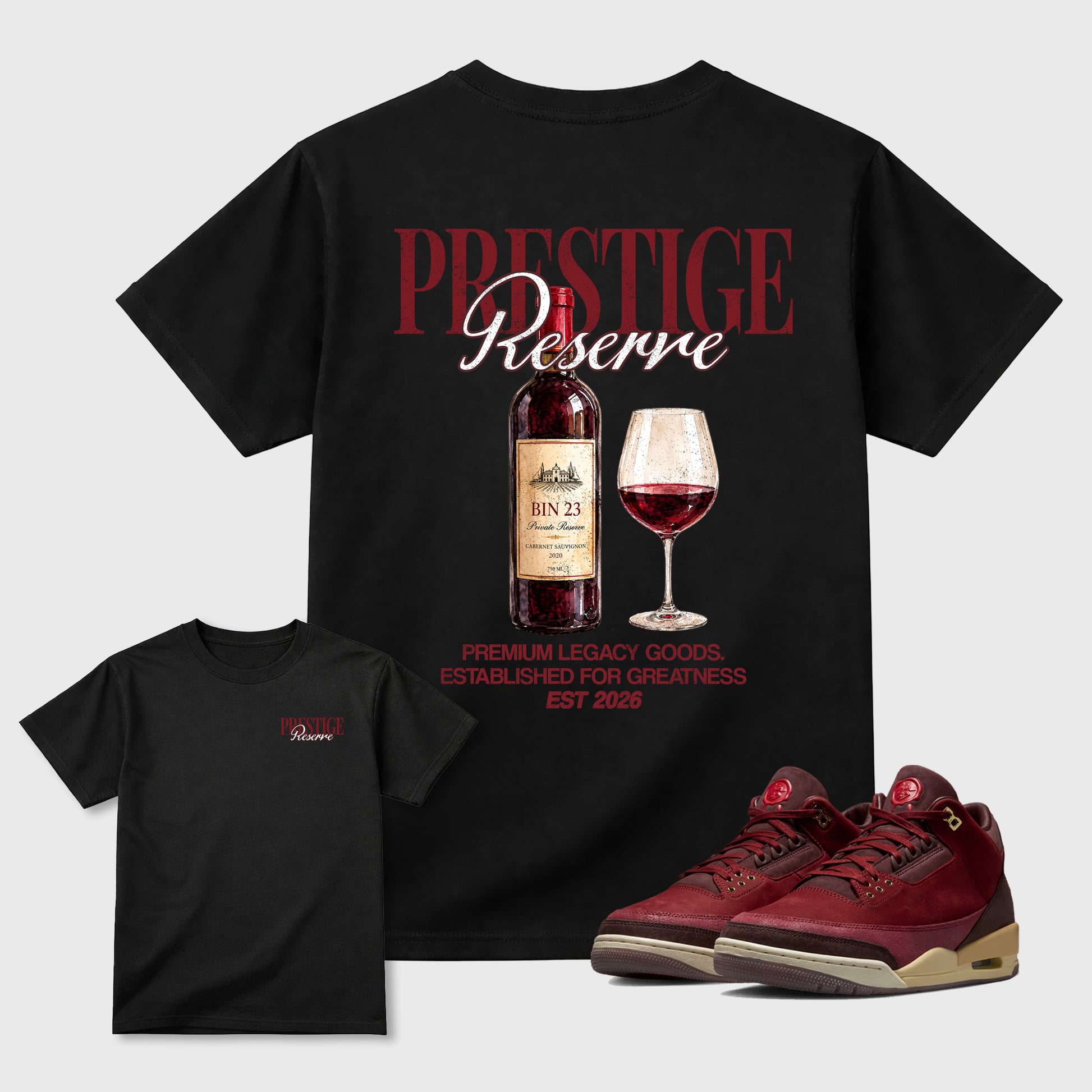 Prestige Graphic T-Shirt sneaker match tee designed for the Air Jordan 3 Bin 23 sneakers, featuring coordinated color options for a perfect streetwear match. Black shirt.