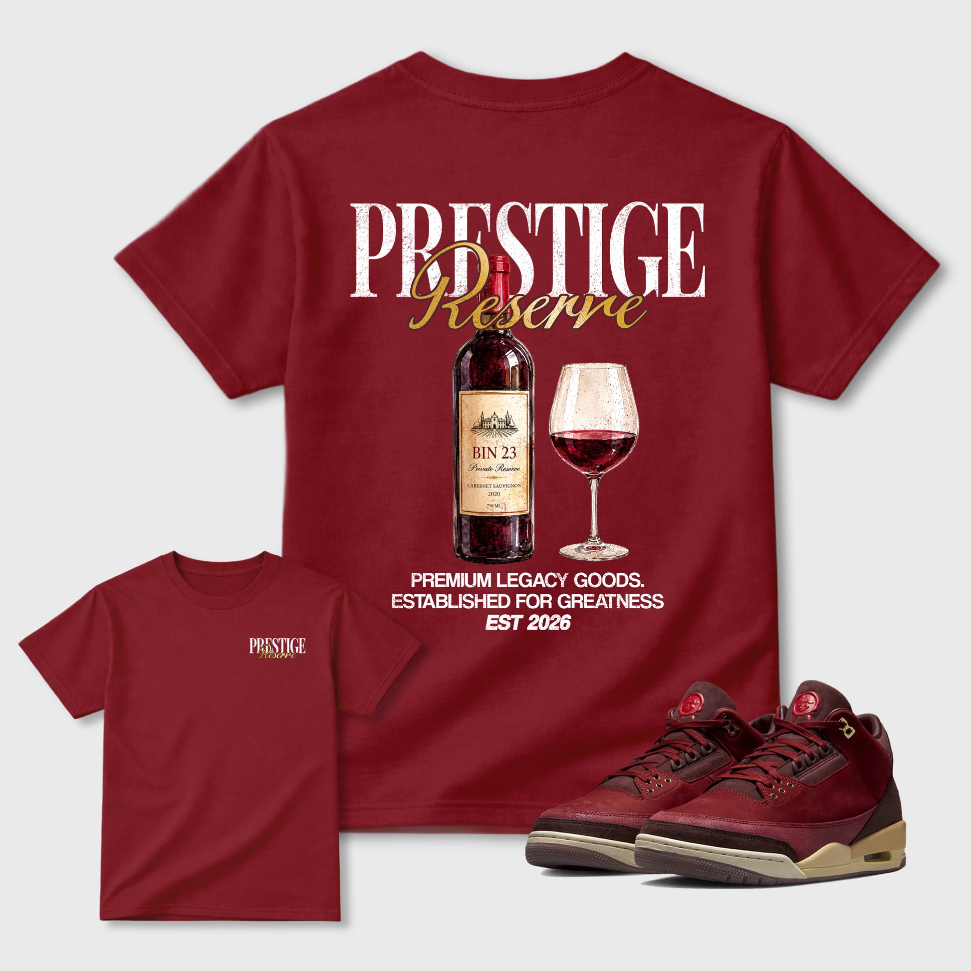 Prestige Graphic T-Shirt sneaker match tee designed for the 3s Burgundy Crush, featuring coordinated color options for a perfect streetwear match. Cardinal shirt.