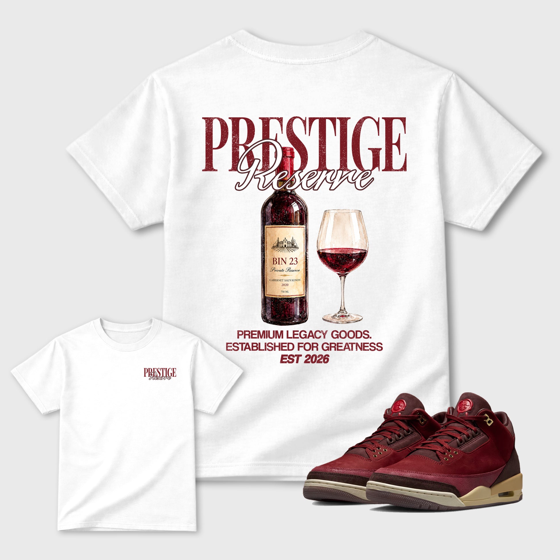 Prestige Graphic T-Shirt sneaker match tee designed for the 3s Burgundy Crush, featuring coordinated color options for a perfect streetwear match. White shirt.