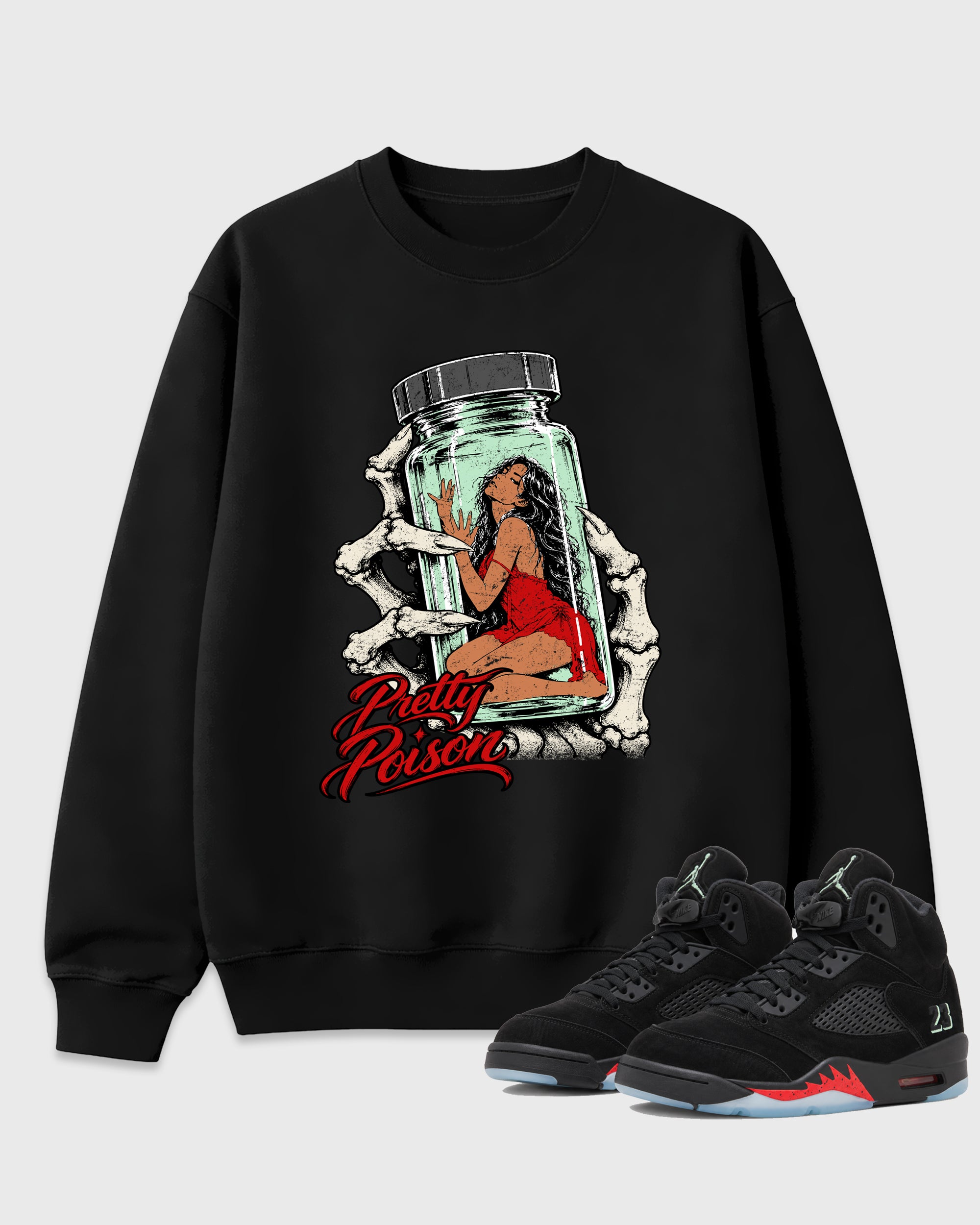 Pretty Poison Graphic T-Shirt featuring original streetwear artwork designed to match the Air Jordan 5 Halloween. Black 1 Graphic Tee.