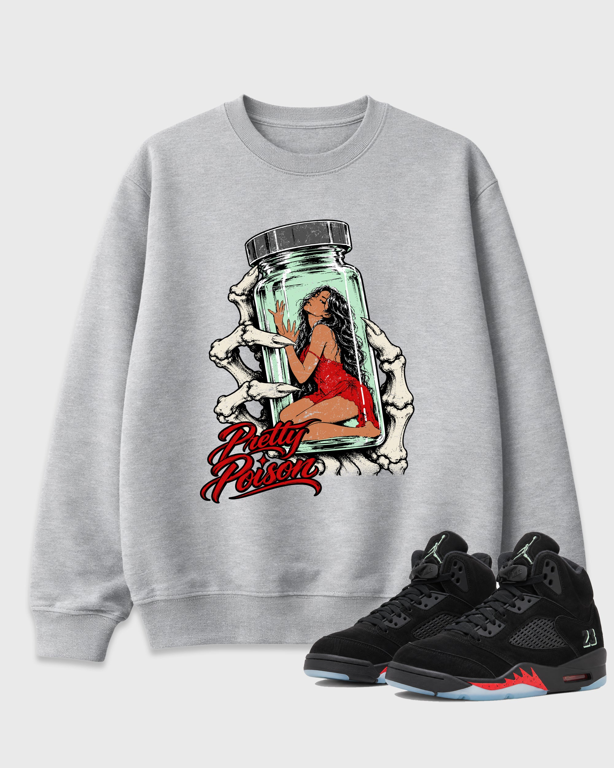 Pretty Poison Graphic T-Shirt featuring original streetwear artwork designed to match the Air Jordan 5 Halloween. Heather Grey 1 Graphic Tee.