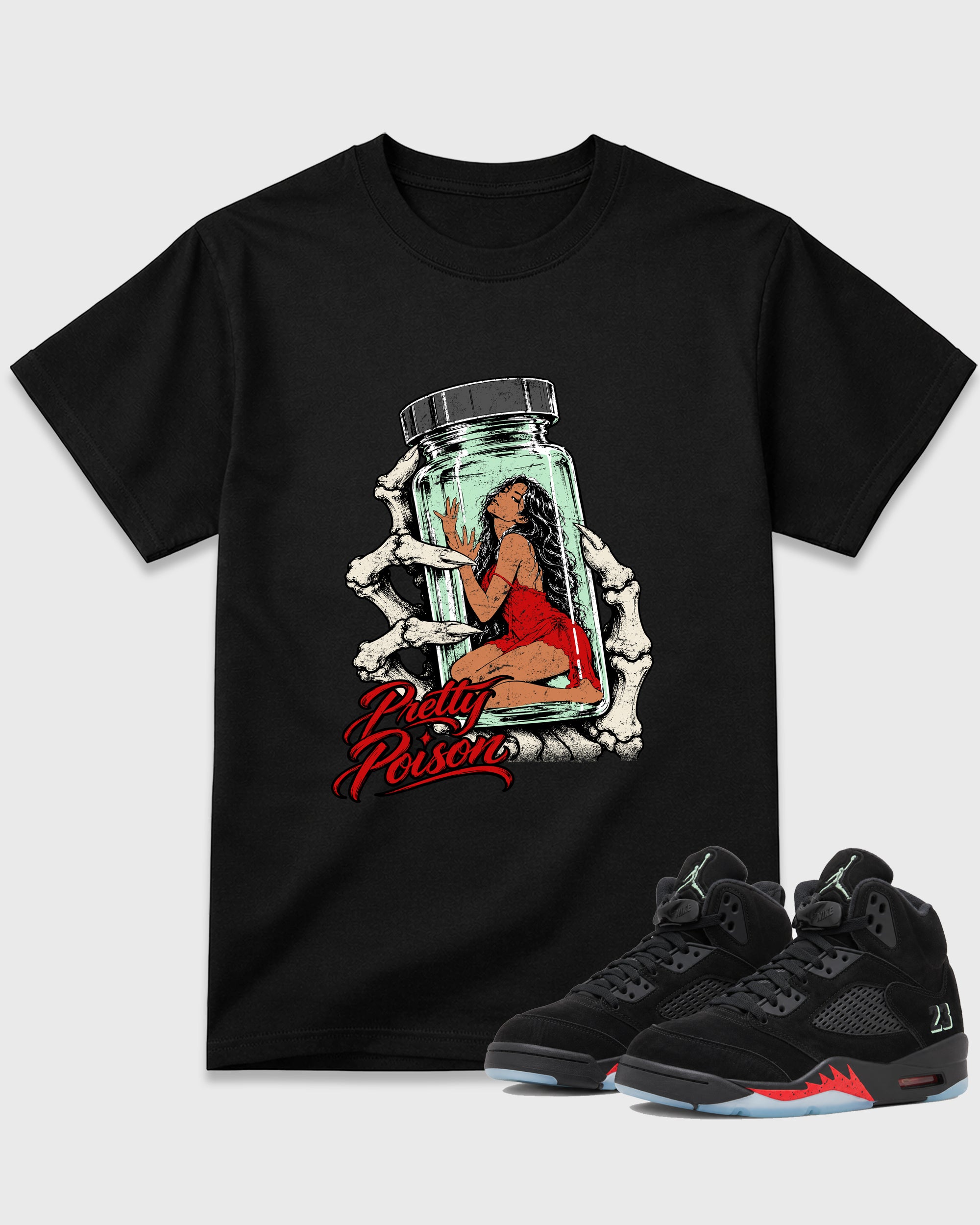 Pretty Poison Graphic T-Shirt featuring original streetwear artwork designed to match the Air Jordan 5 Halloween. Black 1 Graphic T-Shirt.