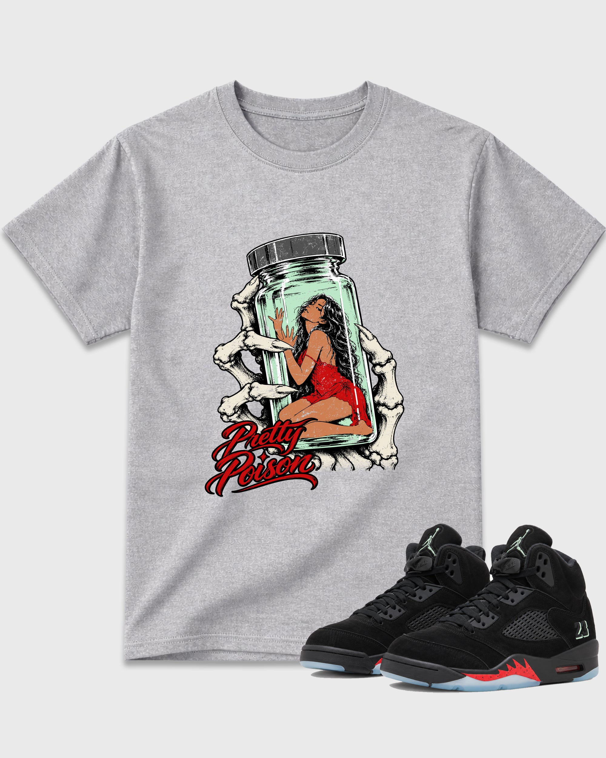 Pretty Poison Graphic T-Shirt featuring original streetwear artwork designed to match the Air Jordan 5 Halloween. Heather Grey 1 Graphic T-Shirt.