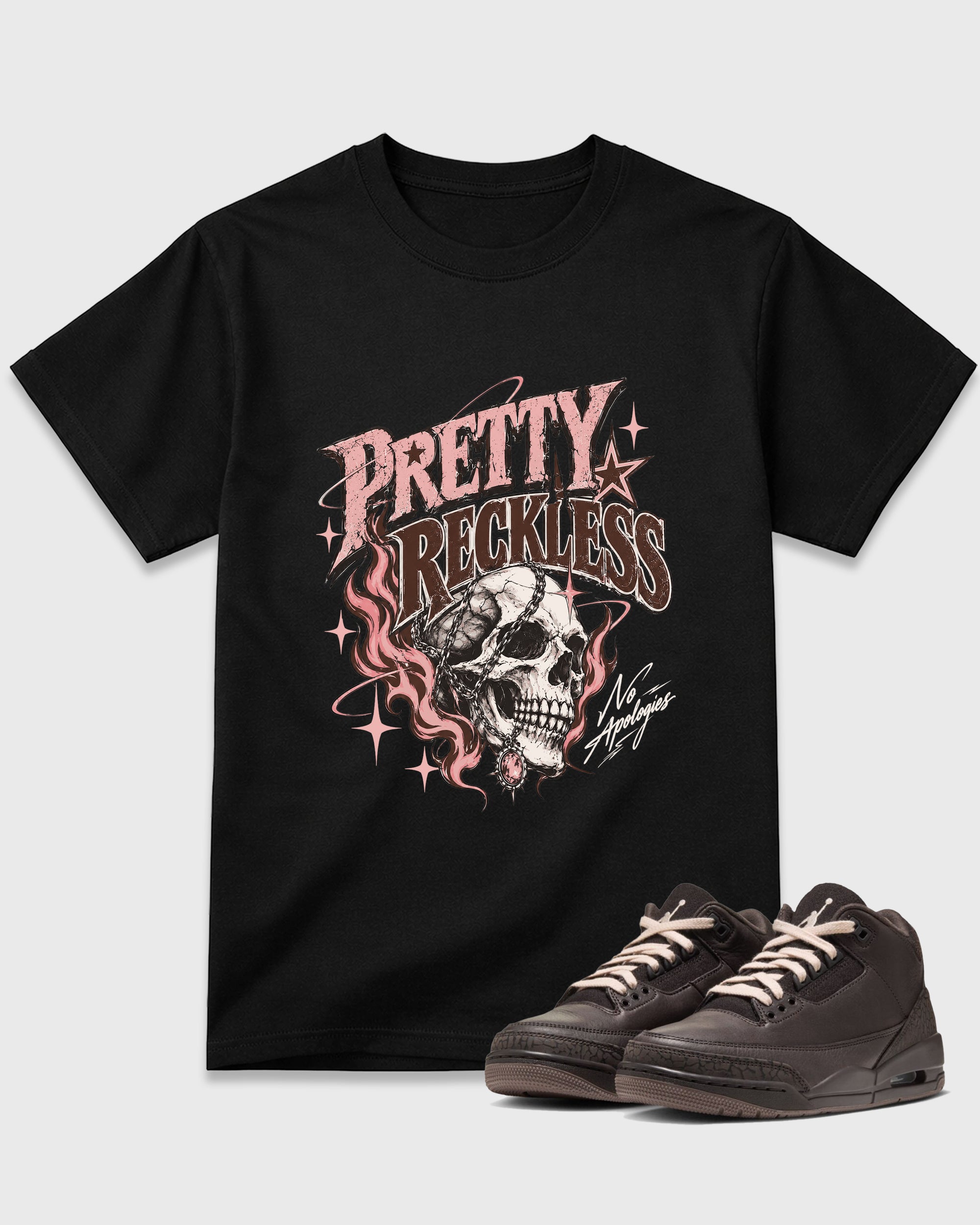 Pretty Reckless Graphic T-Shirt featuring original streetwear artwork designed to match the Air Jordan 3 Fireside. Black 1 Graphic T-Shirt.