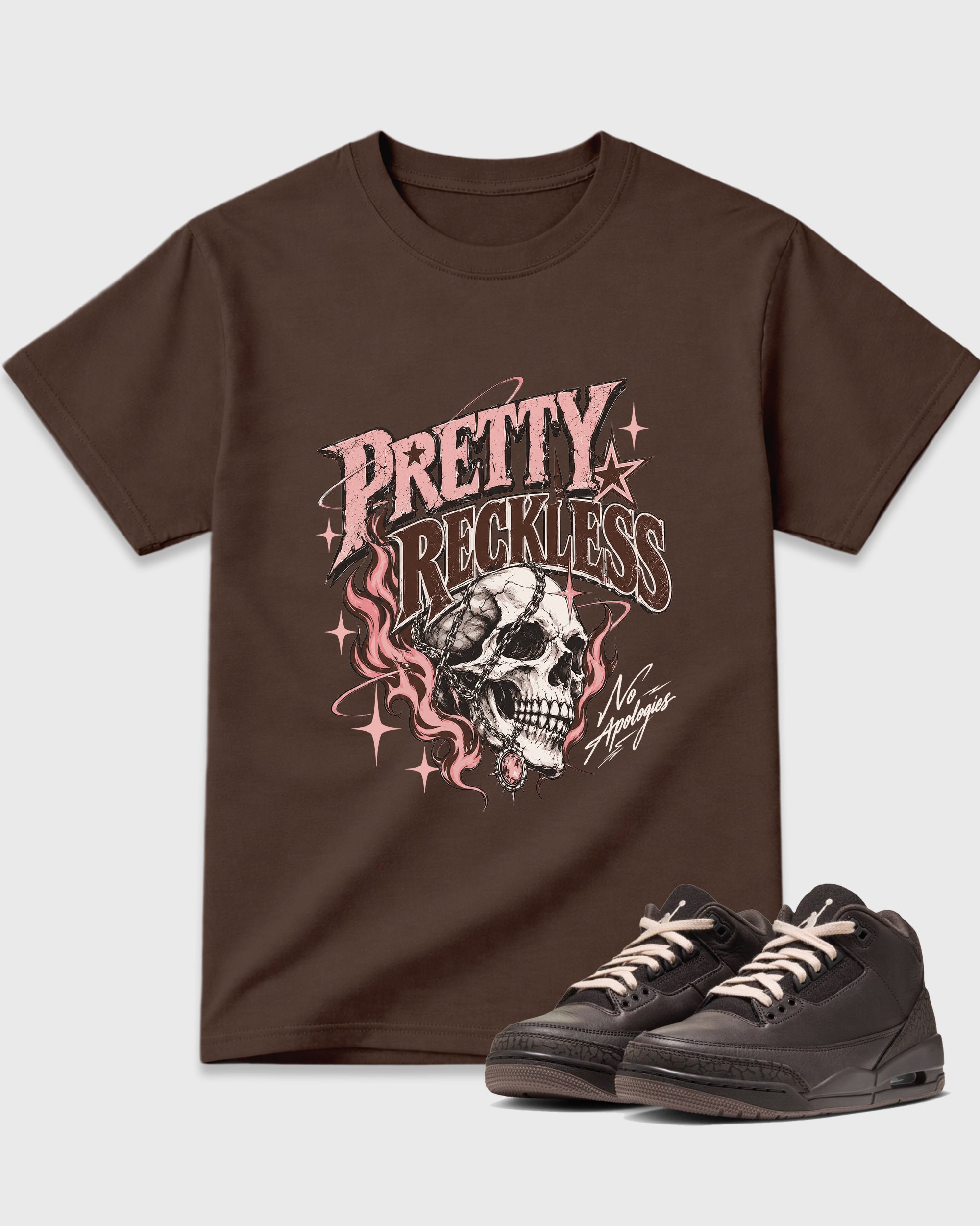Pretty Reckless Graphic T-Shirt featuring original streetwear artwork designed to match the Air Jordan 3 Fireside. Dark Chocolate 1 Graphic T-Shirt.