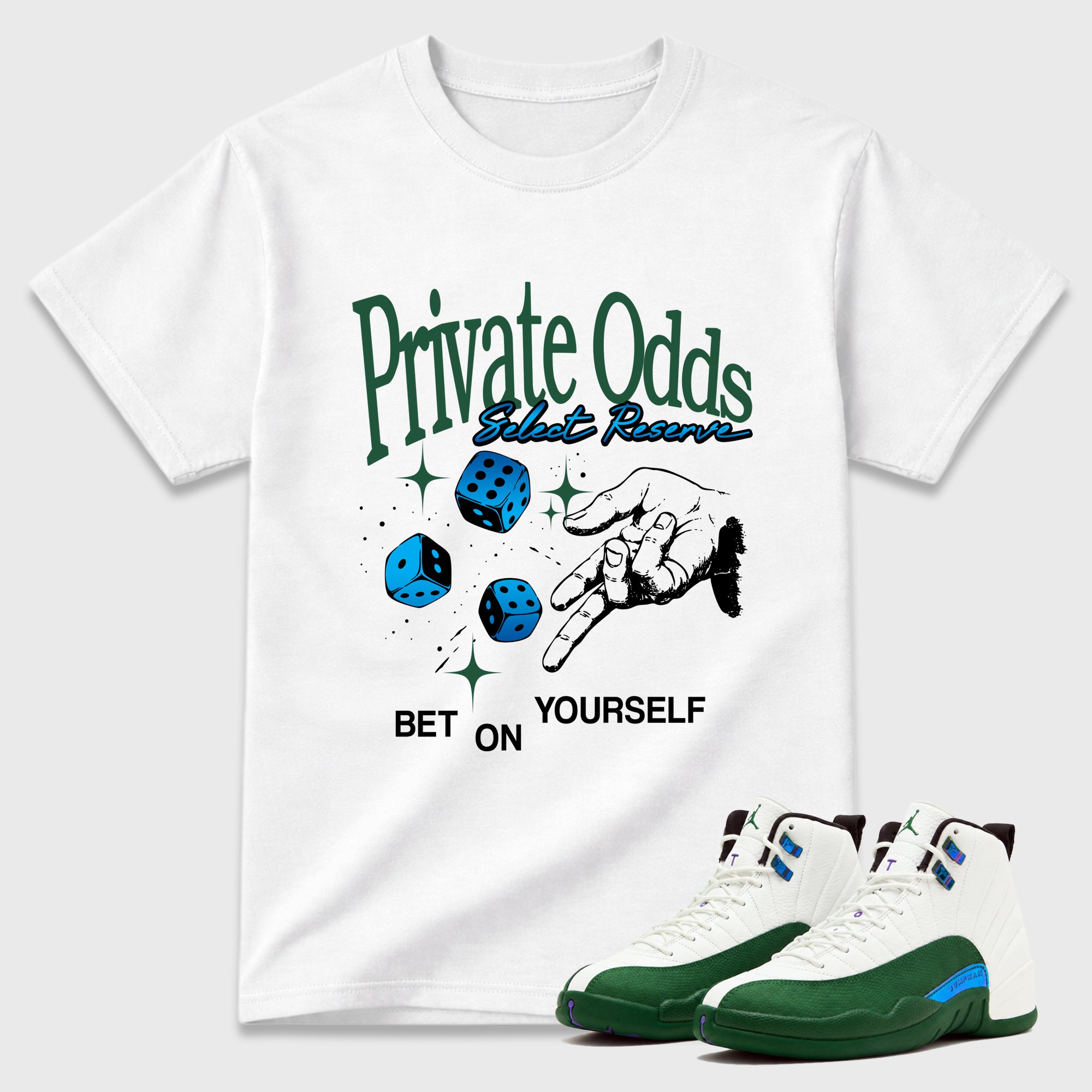 Private Odds Graphic T-Shirt featuring original streetwear artwork designed to match the Air Jordan 12 Summit Green. White 1 Graphic T-Shirt.