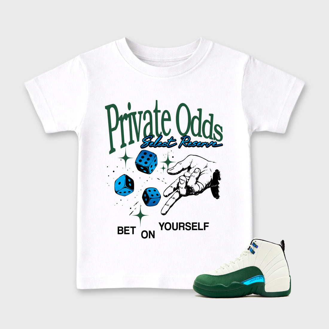 Private Odds Baby & Kids Graphic T-Shirt featuring original artwork designed to match the Air Jordan 12 Summit Green. White 1 Kids Graphic Tee.
