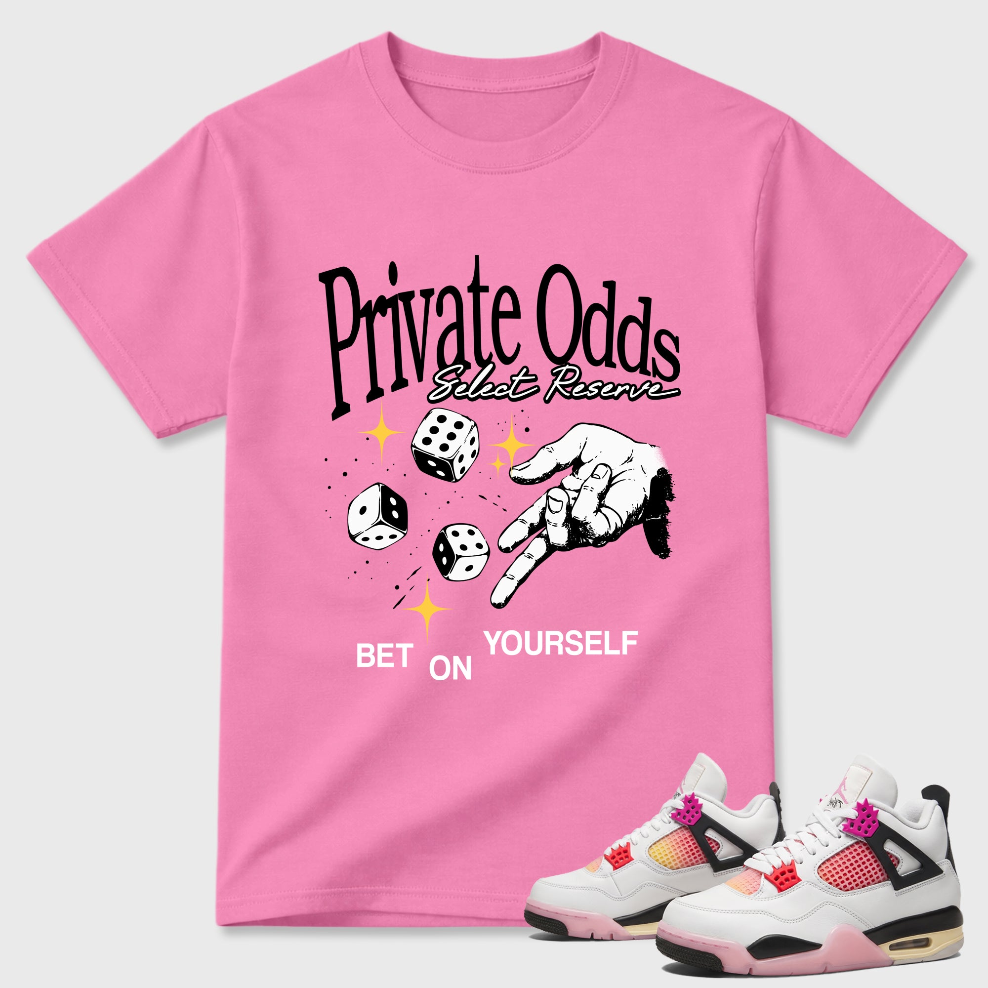 Private Odds Graphic T-Shirt featuring original streetwear artwork designed to match the Air Jordan 4 Comic. Bubble Gum 1 Graphic T-Shirt.