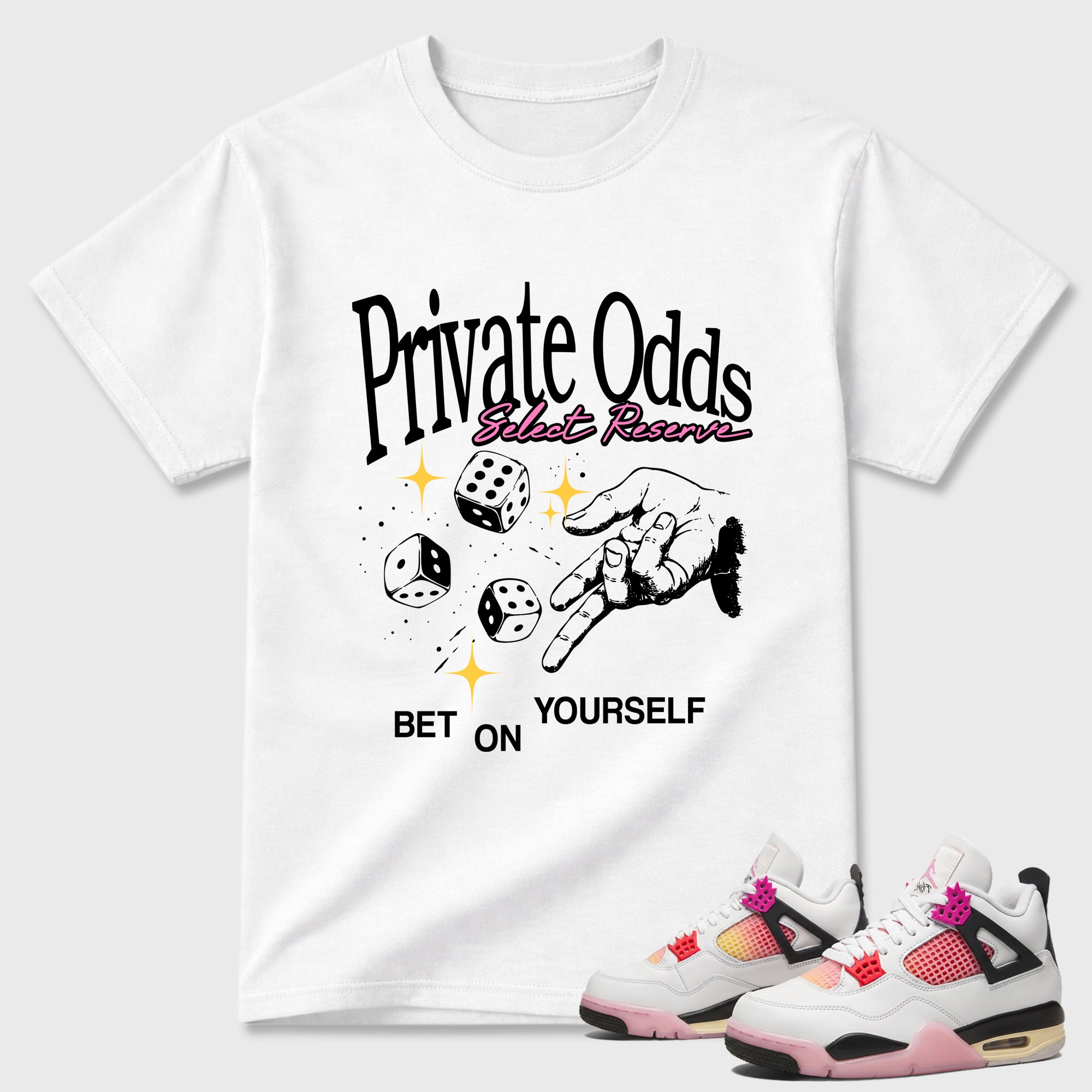 Private Odds Graphic T-Shirt featuring original streetwear artwork designed to match the Air Jordan 4 Comic. White 1 Graphic T-Shirt.