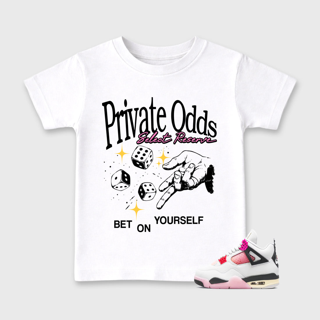 Private Odds Baby & Kids Graphic T-Shirt featuring original artwork designed to match the Air Jordan 4 Comic. White 1 Kids Graphic Tee.