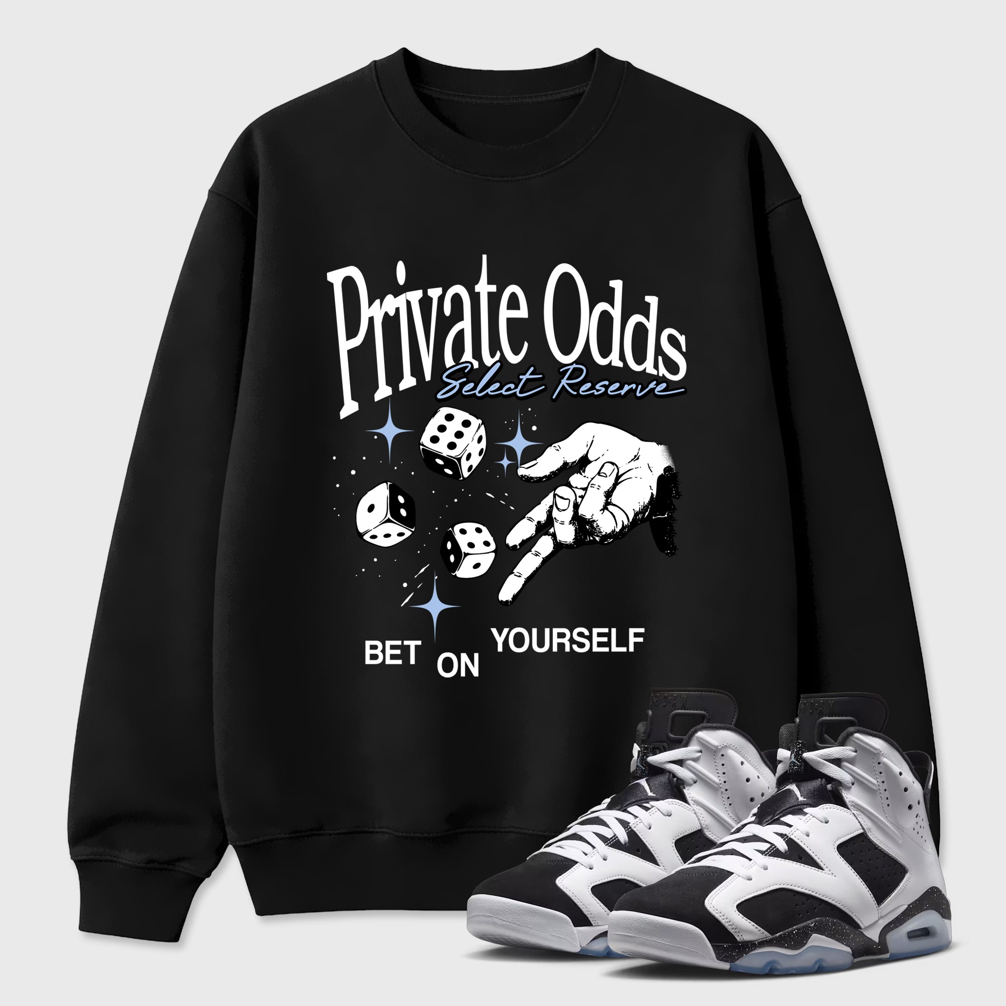 Private Odds Graphic T-Shirt featuring original streetwear artwork designed to match the Air Jordan 6 Black and White. Black 1 Graphic Tee.
