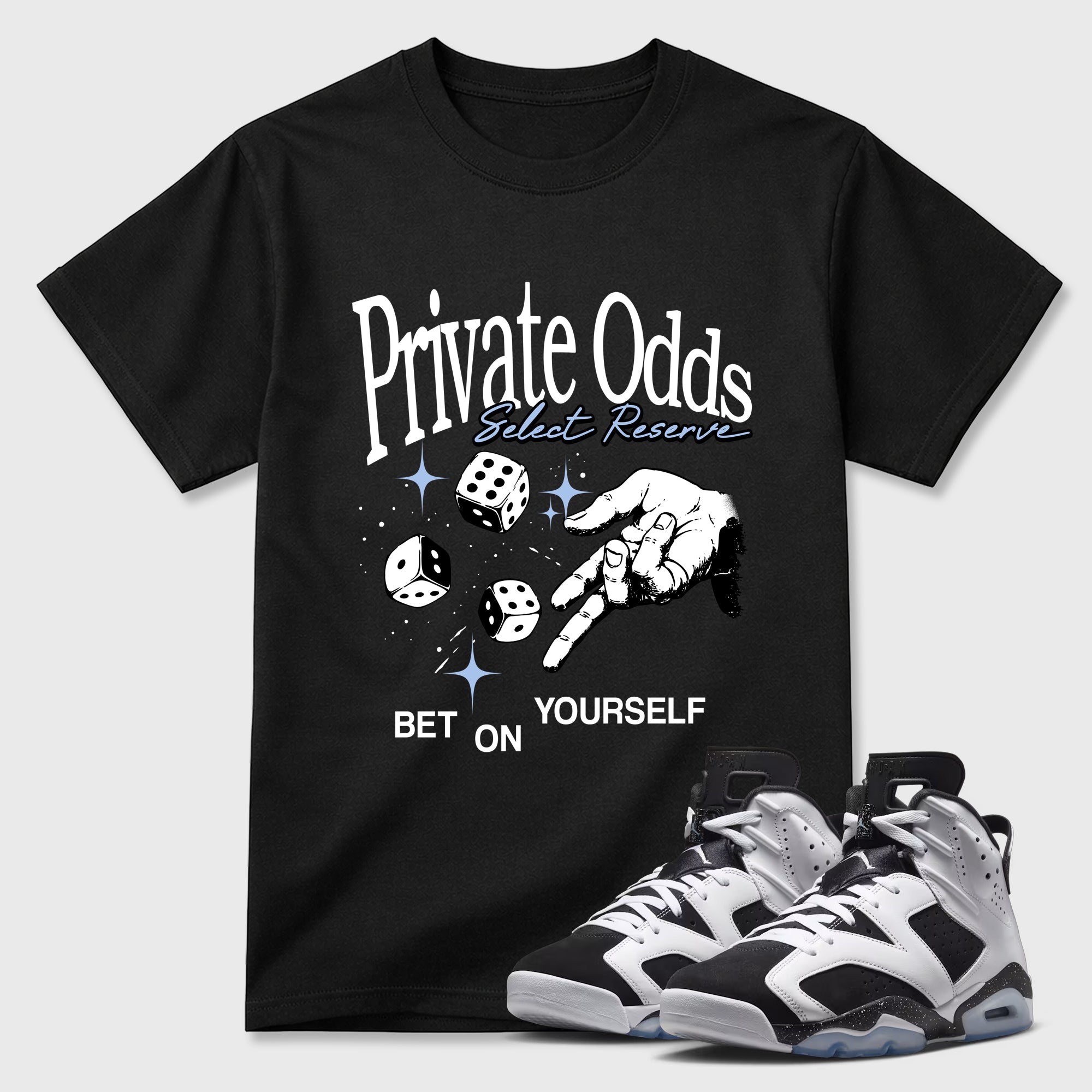 Private Odds Graphic T-Shirt featuring original streetwear artwork designed to match the Air Jordan 6 Black and White. Black 1 Graphic T-Shirt.