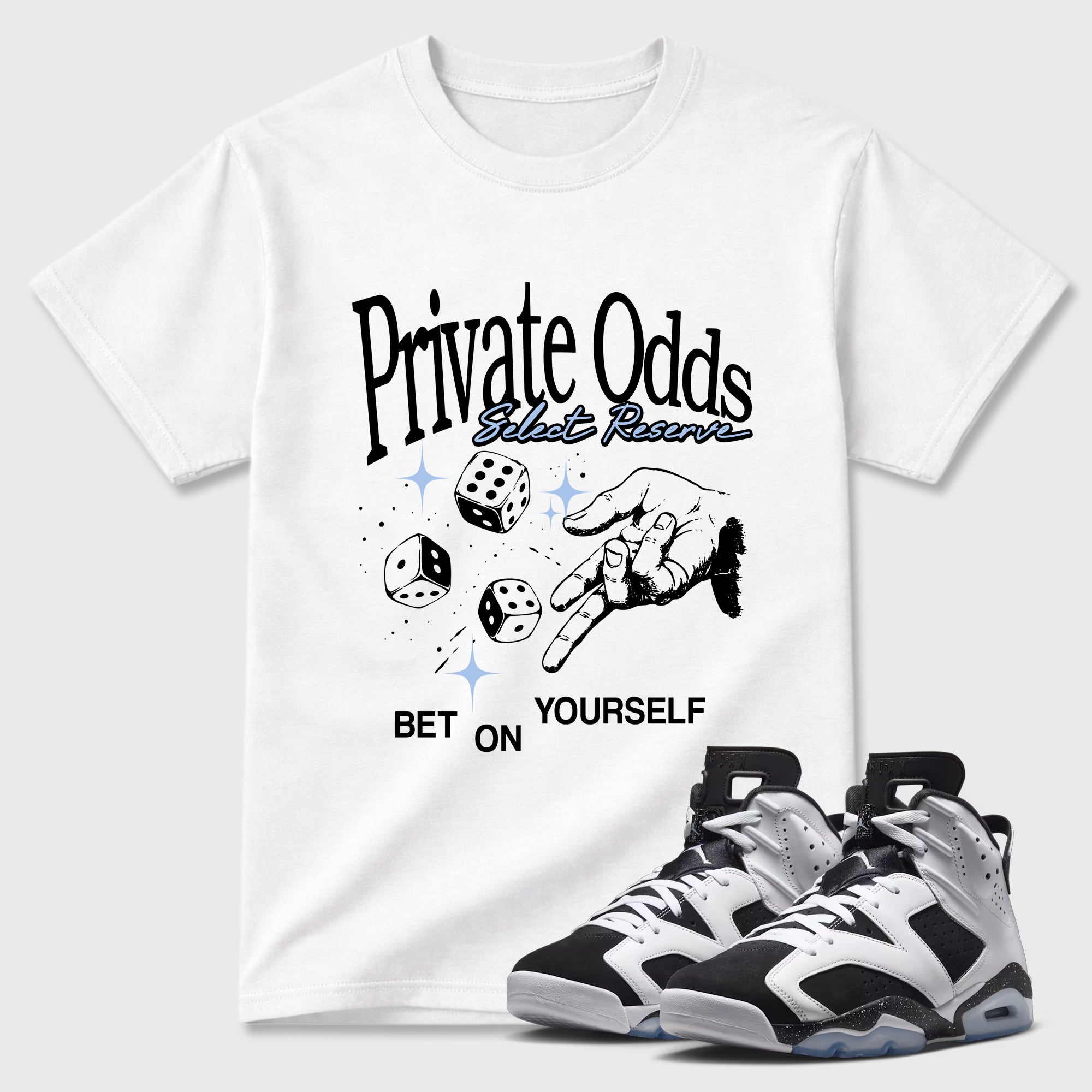 Private Odds Graphic T-Shirt featuring original streetwear artwork designed to match the Air Jordan 6 Black and White. White 1 Graphic T-Shirt.