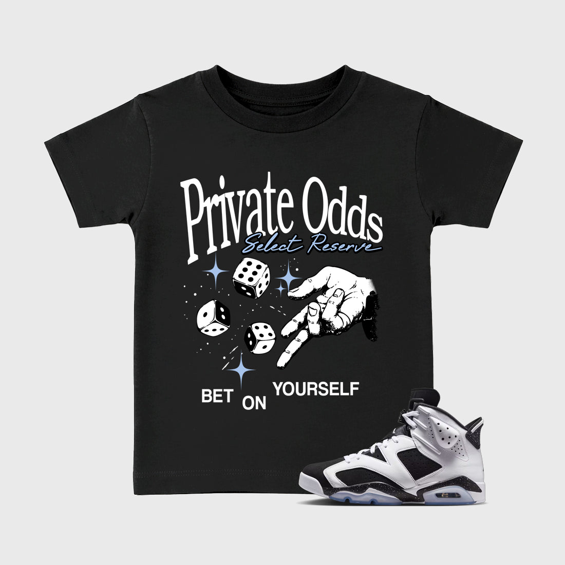 Private Odds Baby & Kids Graphic T-Shirt featuring original artwork designed to match the Air Jordan 6 Black and White. Black 1 Kids Graphic Tee.