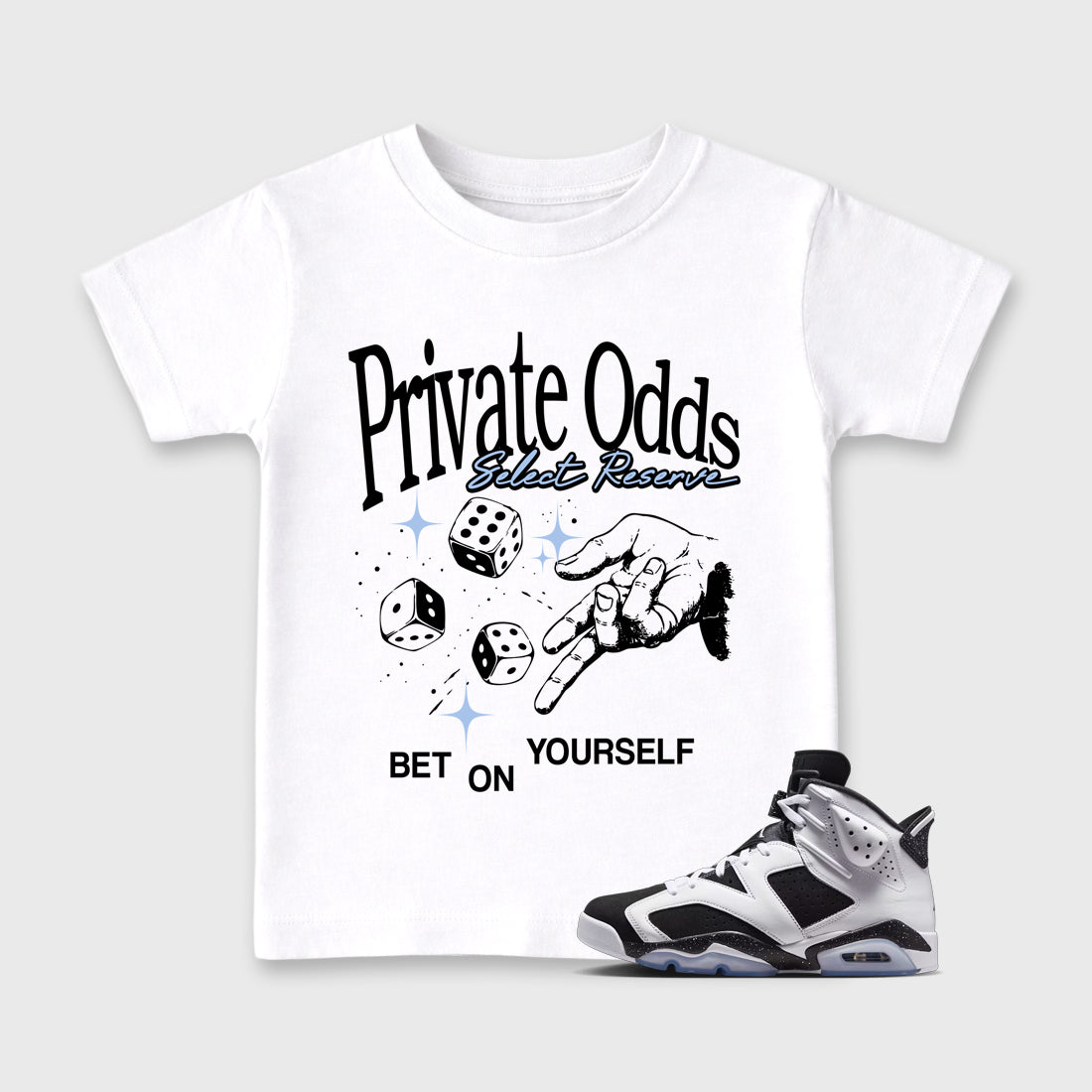 Private Odds Baby & Kids Graphic T-Shirt featuring original artwork designed to match the Air Jordan 6 Black and White. White 1 Kids Graphic Tee.