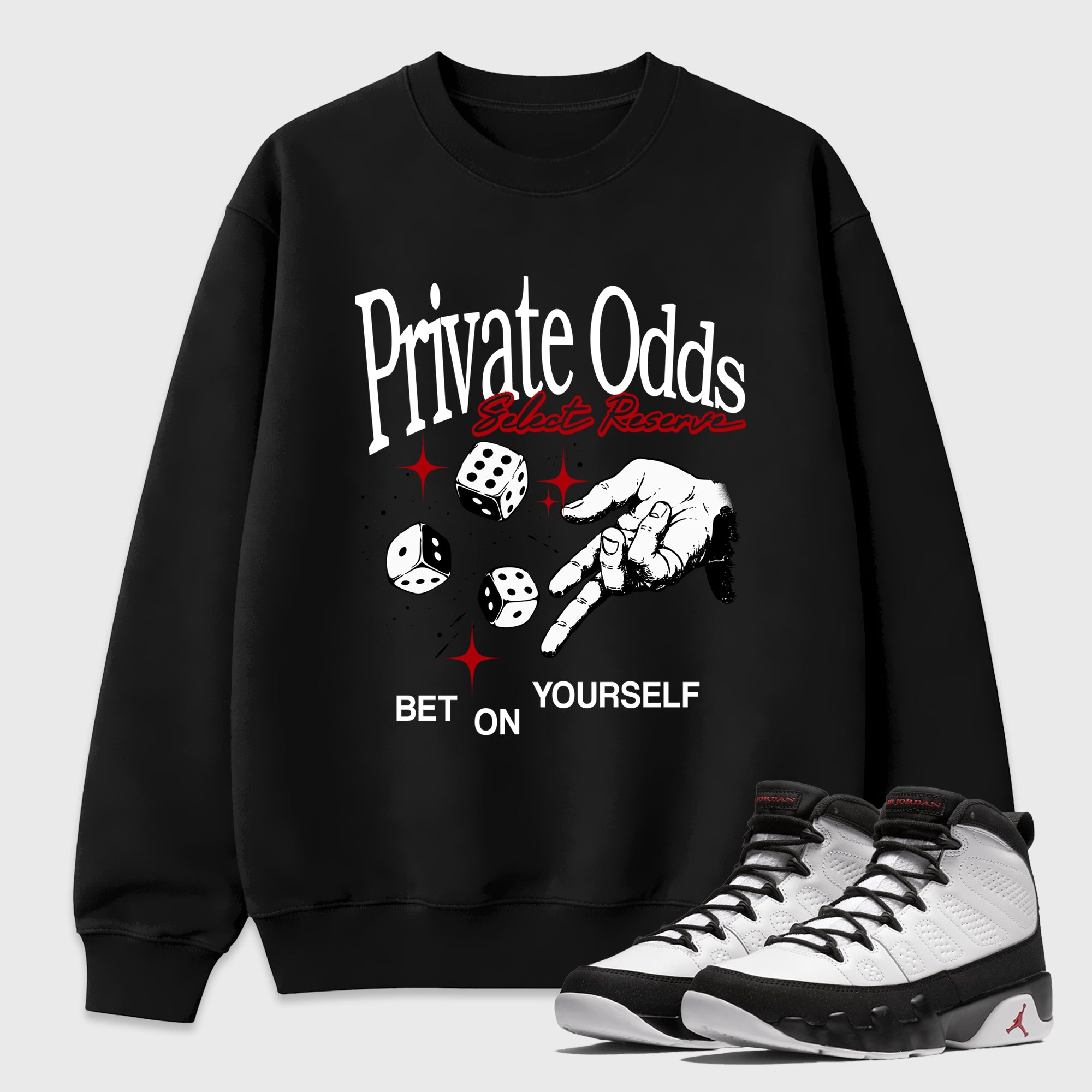 Private Odds Graphic T-Shirt featuring original streetwear artwork designed to match the Air Jordan 9 True Red. Black 1 Graphic Tee.