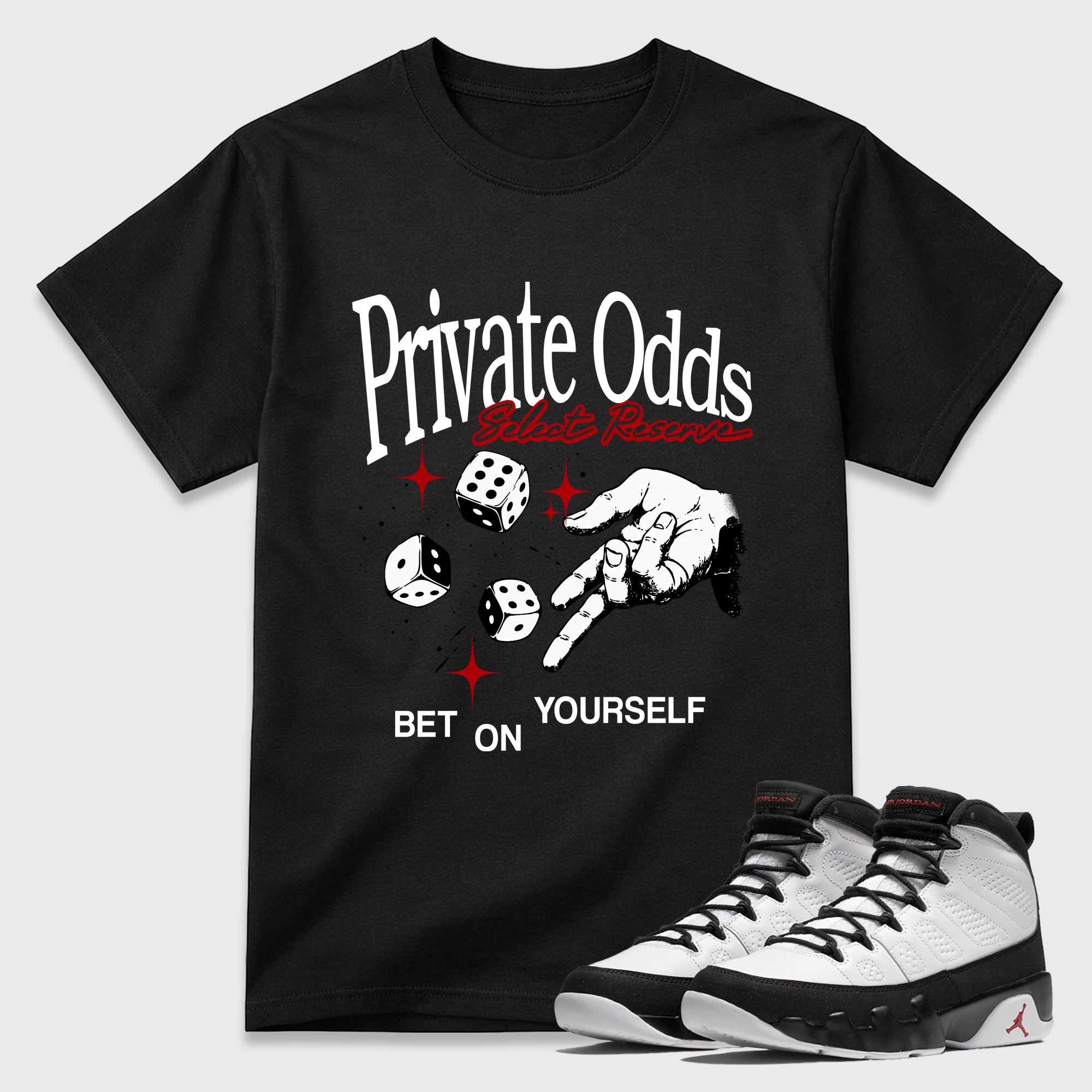 Private Odds Graphic T-Shirt featuring original streetwear artwork designed to match the Air Jordan 9 True Red. Black 1 Graphic T-Shirt.
