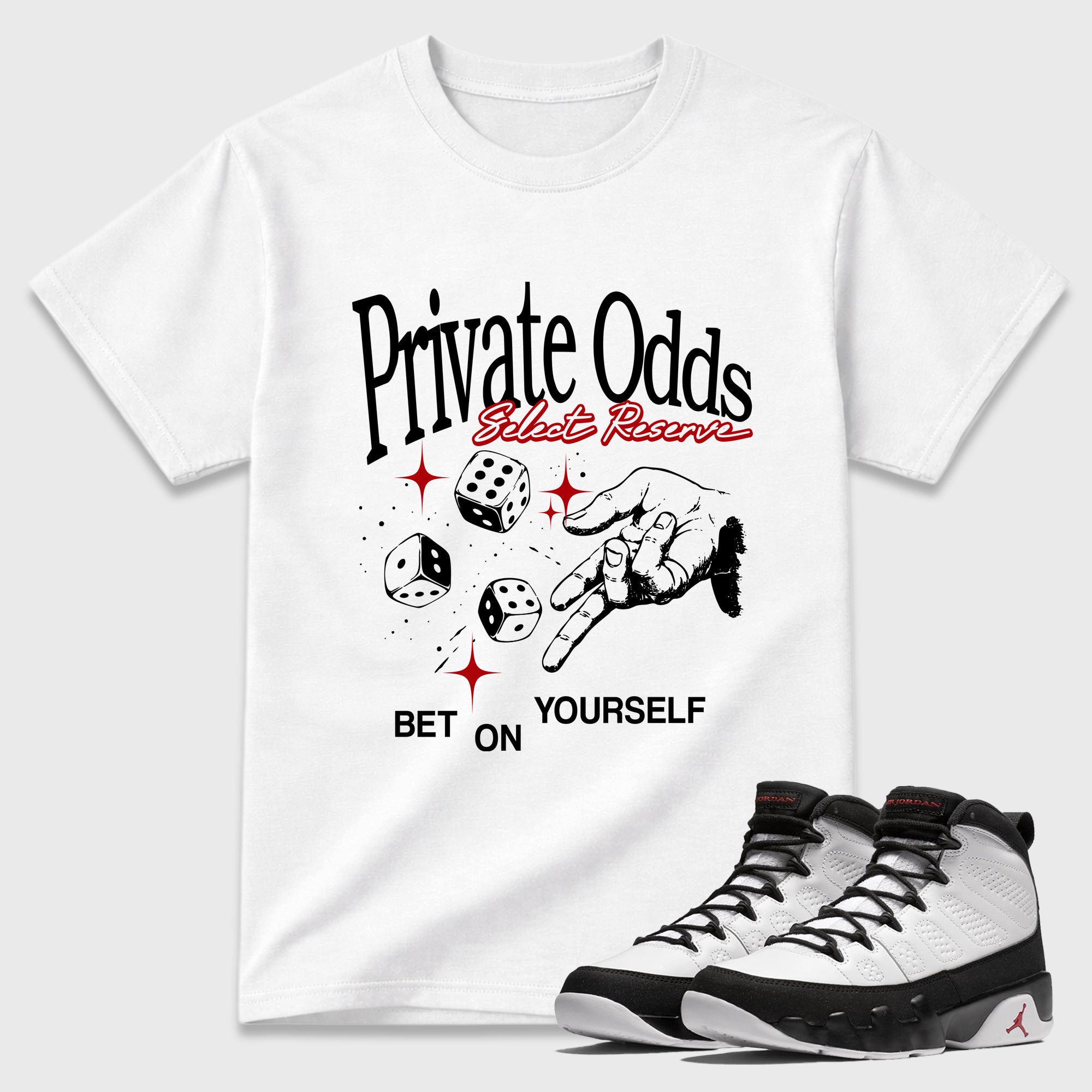 Private Odds Graphic T-Shirt featuring original streetwear artwork designed to match the Air Jordan 9 True Red. White 1 Graphic T-Shirt.