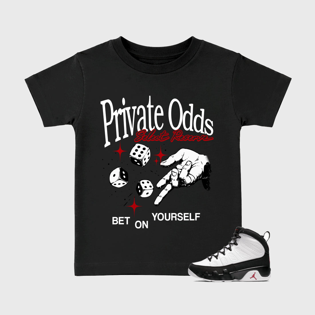 Private Odds Baby & Kids Graphic T-Shirt featuring original artwork designed to match the Air Jordan 9 True Red. Black 1 Kids Graphic Tee.