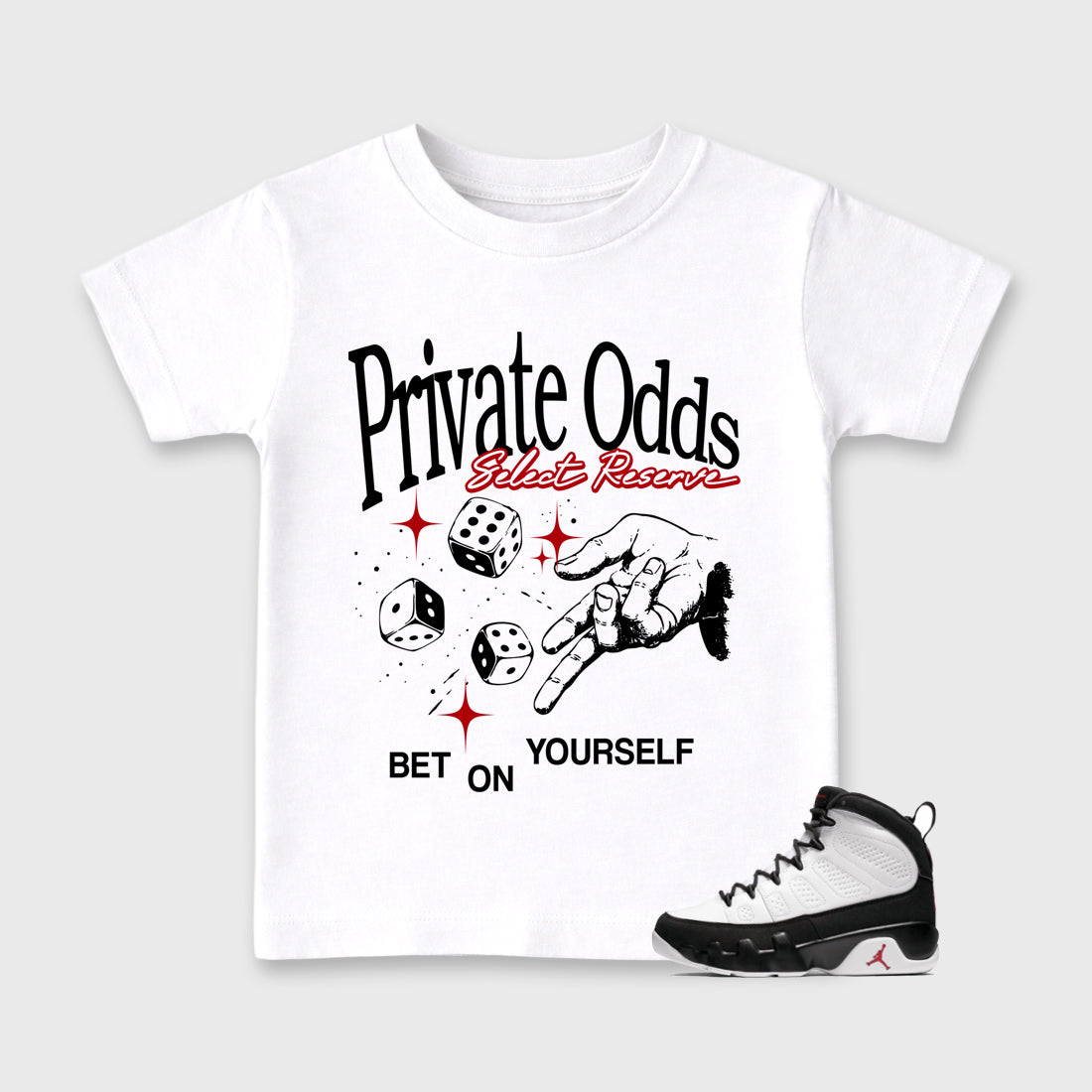 Private Odds Baby & Kids Graphic T-Shirt featuring original artwork designed to match the Air Jordan 9 True Red. White 1 Kids Graphic Tee.