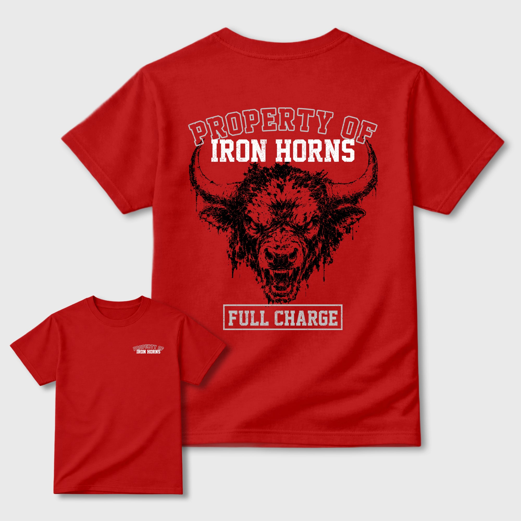 Property of Iron Horns Graphic T-Shirt sneaker match tee designed for4s Toro Bravo, featuring coordinated color options for a perfect streetwear match. Red shirt.