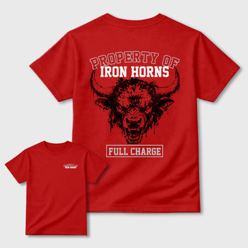 Property of Iron Horns Graphic T-Shirt sneaker match tee designed for4s Toro Bravo, featuring coordinated color options for a perfect streetwear match. Red shirt.