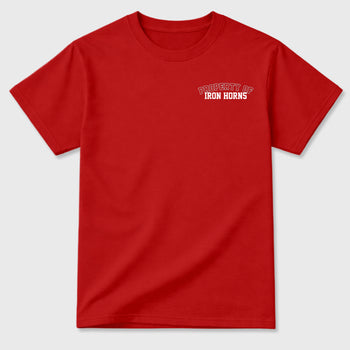 Property of Iron Horns Graphic T-Shirt sneaker match tee designed for4s Toro Bravo, featuring coordinated color options for a perfect streetwear match. Red shirt.