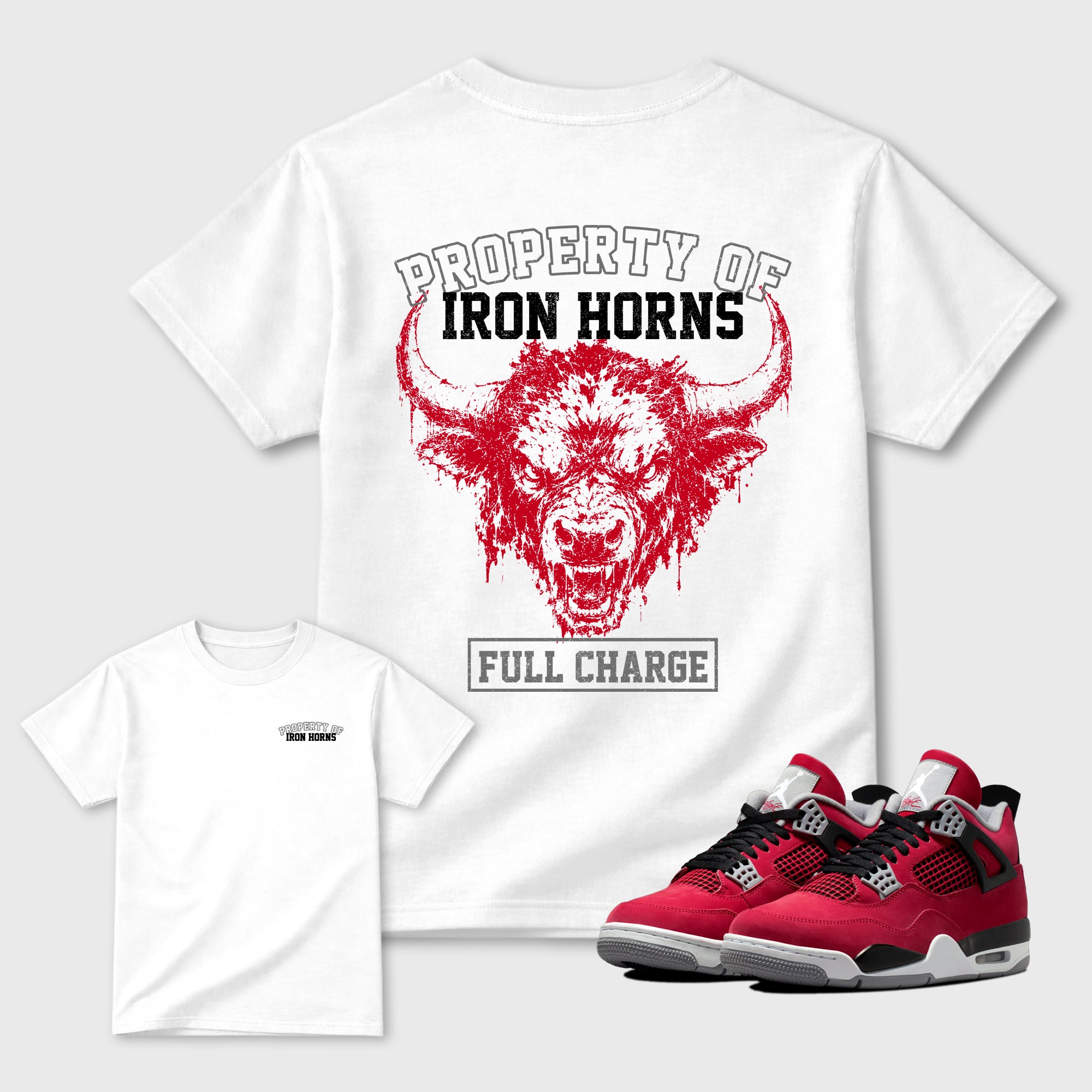 Property of Iron Horns Graphic T-Shirt sneaker match tee designed for4s Toro Bravo, featuring coordinated color options for a perfect streetwear match. White shirt.