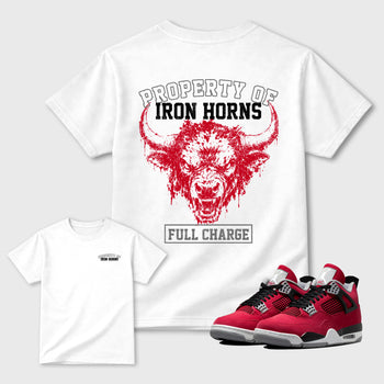 Property of Iron Horns Graphic T-Shirt sneaker match tee designed for4s Toro Bravo, featuring coordinated color options for a perfect streetwear match. White shirt.