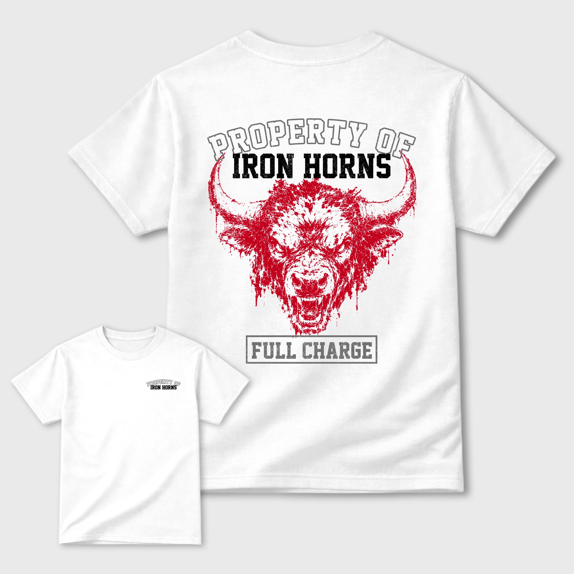Property of Iron Horns Graphic T-Shirt sneaker match tee designed for4s Toro Bravo, featuring coordinated color options for a perfect streetwear match. White shirt.