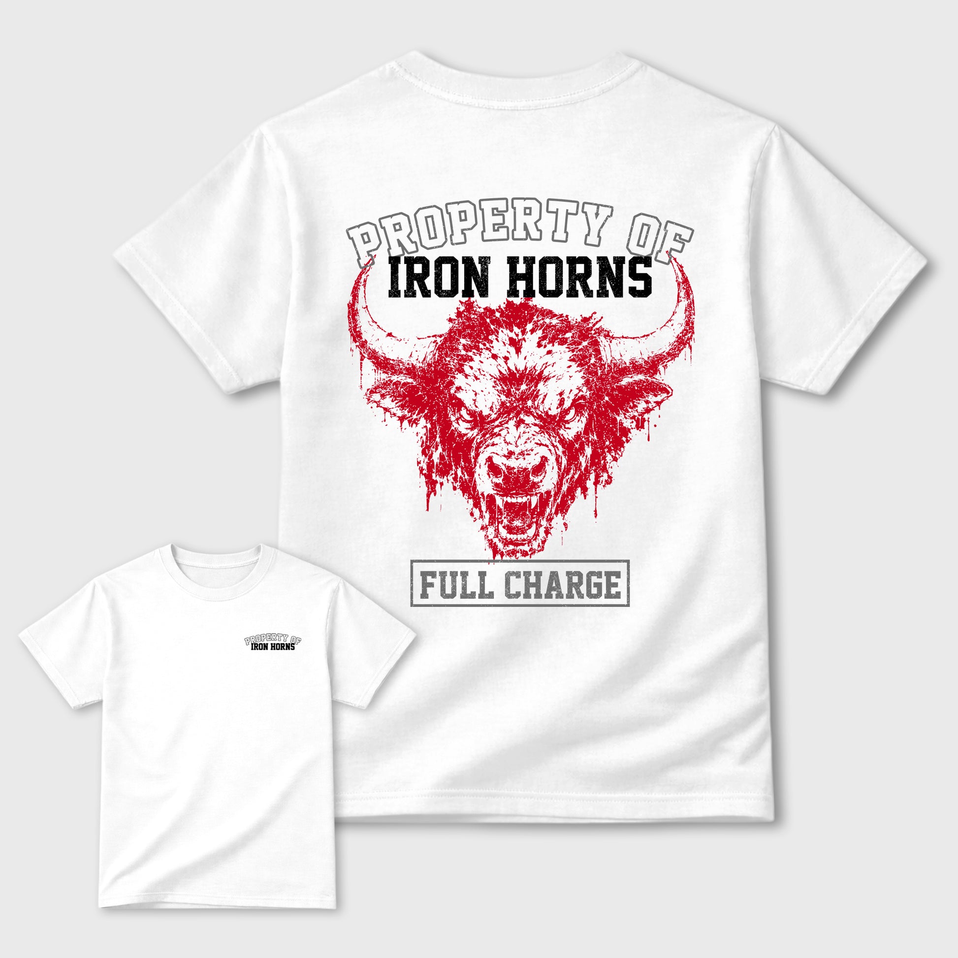 Property of Iron Horns Graphic T-Shirt sneaker match tee designed for4s Toro Bravo, featuring coordinated color options for a perfect streetwear match. White shirt.