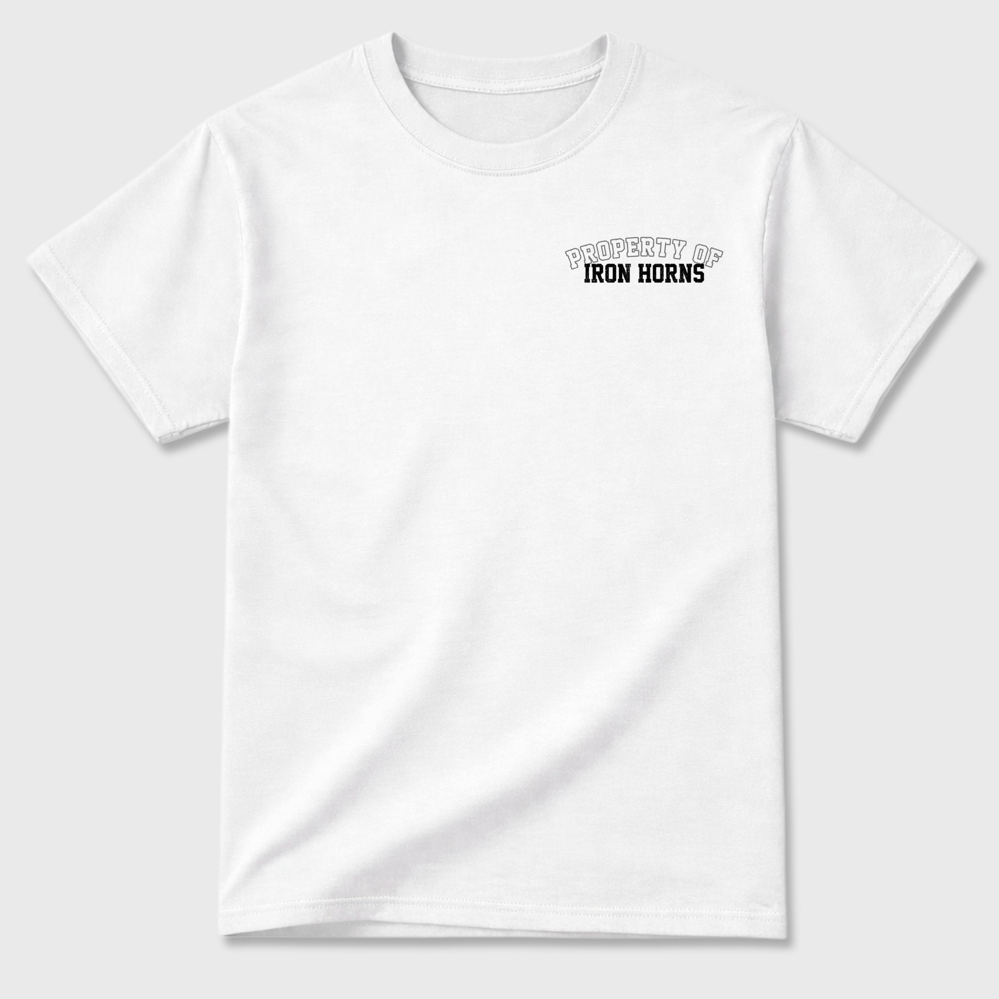 Property of Iron Horns Graphic T-Shirt sneaker match tee designed for4s Toro Bravo, featuring coordinated color options for a perfect streetwear match. White shirt.