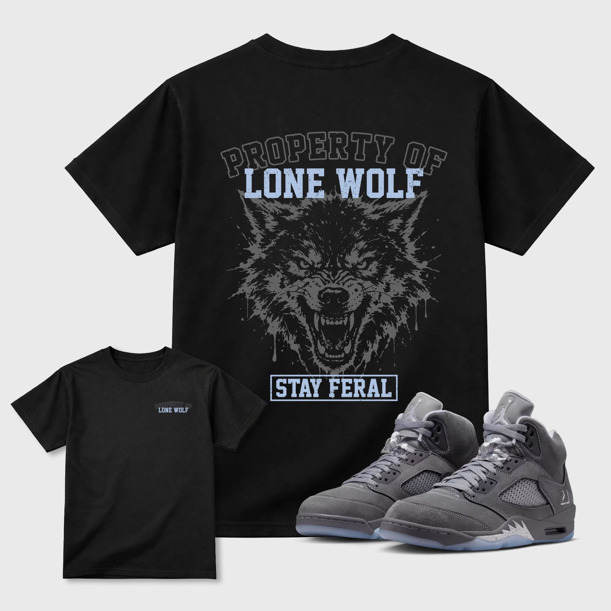 Property of Lone Wolf sneaker match t-shirt styled to complete your fit with the 5s Wolf Grey sneakers, shown in Black.