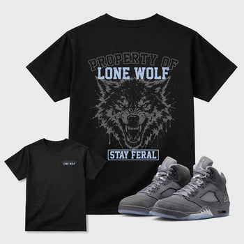 Property of Lone Wolf sneaker match t-shirt styled to complete your fit with the 5s Wolf Grey sneakers, shown in Black.