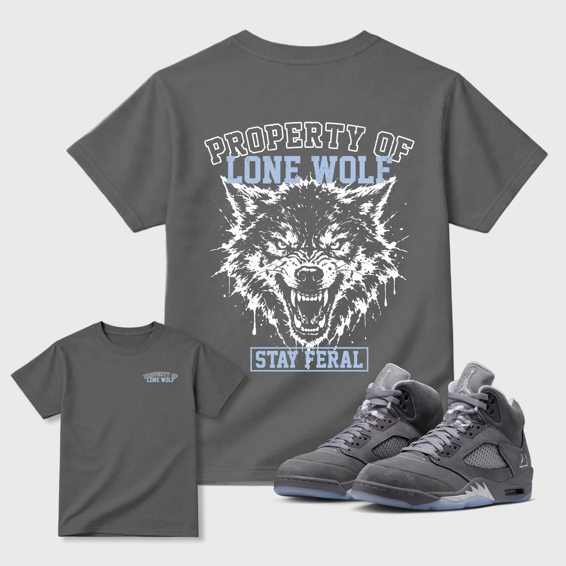 Property of Lone Wolf sneaker match t-shirt styled to complete your fit with the 5s Wolf Grey sneakers, shown in Cool Grey.