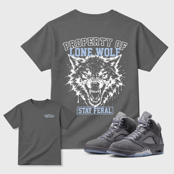 Property of Lone Wolf sneaker match t-shirt styled to complete your fit with the 5s Wolf Grey sneakers, shown in Cool Grey.