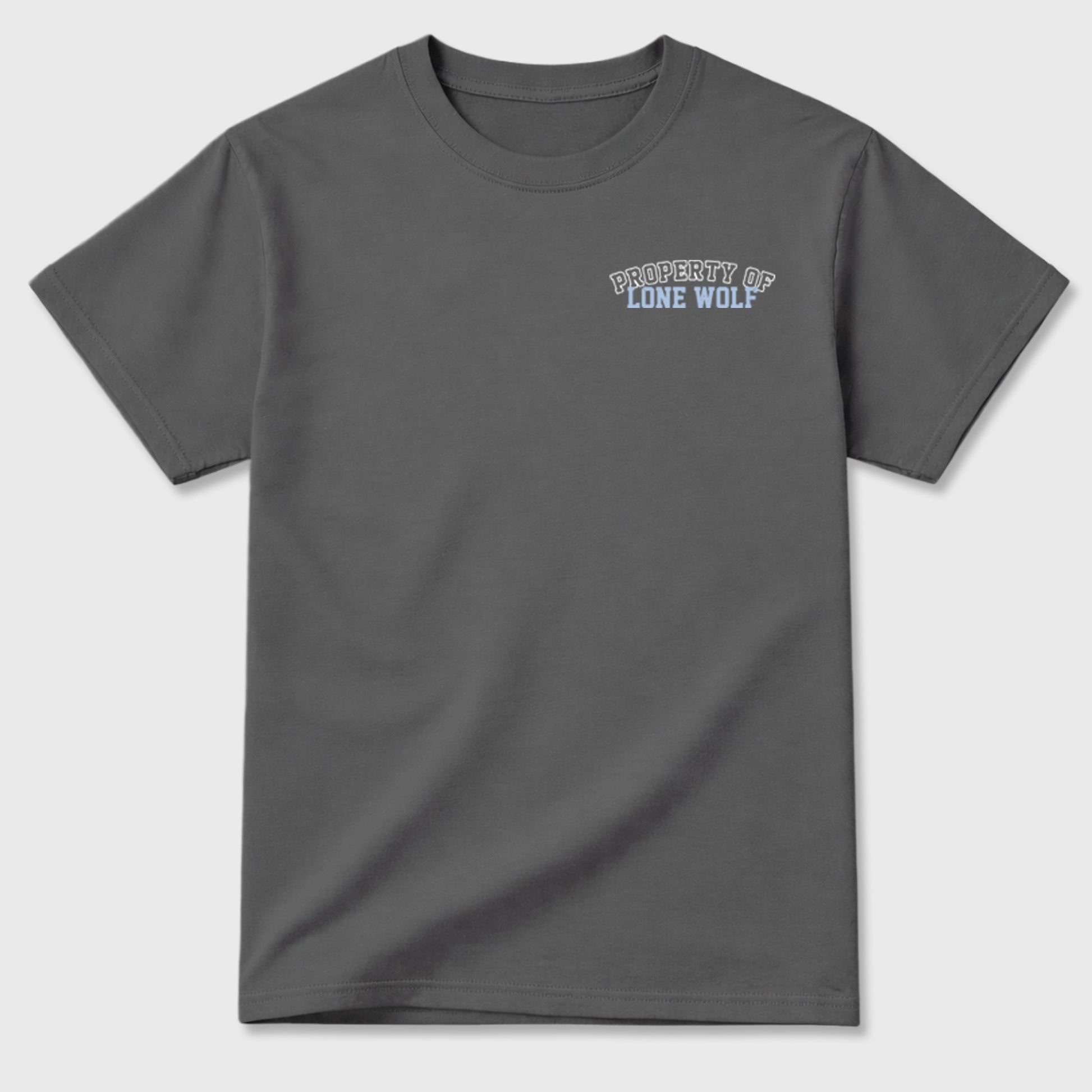 Property of Lone Wolf sneaker match t-shirt styled to complete your fit with the 5s Wolf Grey sneakers, shown in Cool Grey.