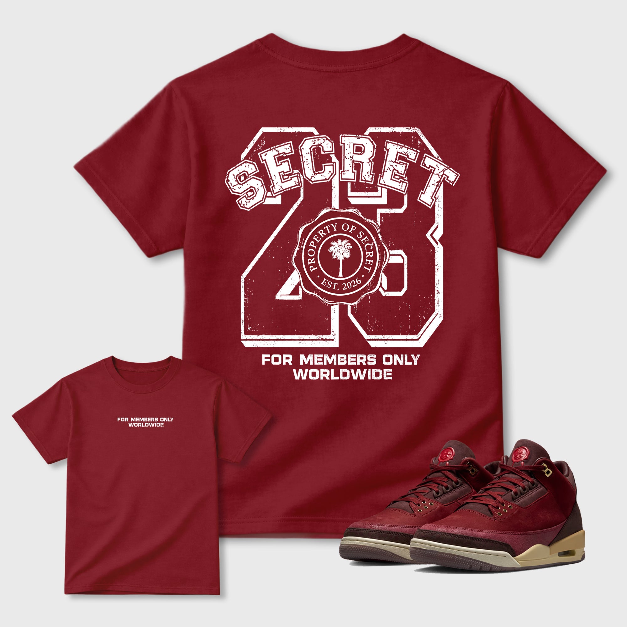 Property of Secret Graphic T-Shirt sneaker match tee designed for the Air Jordan 3 Bin 23 sneakers, featuring coordinated color options for a perfect streetwear match. Cardinal shirt.