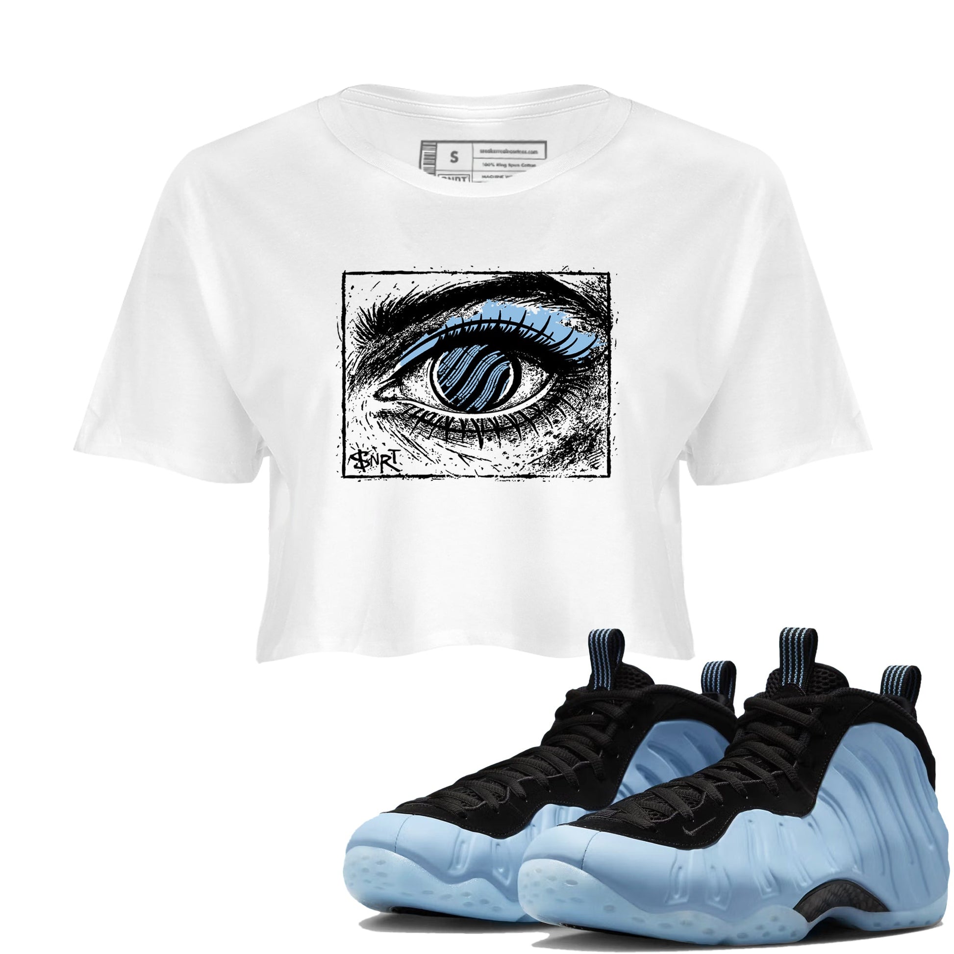 Psychic Wave womens crop tee made to vibe with the Air Foamposite One Psychic Blue sneakers — the perfect match in White 1.
