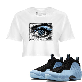 Psychic Wave womens crop tee made to vibe with the Air Foamposite One Psychic Blue sneakers — the perfect match in White 1.