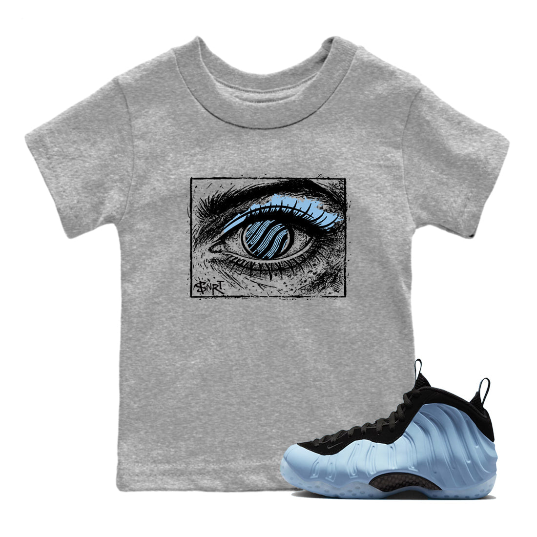 Psychic Wave baby and kids t-shirt crafted for little sneakerheads to shine with the Air Foamposite One Psychic Blue sneakers, displayed in Heather Grey 1.
