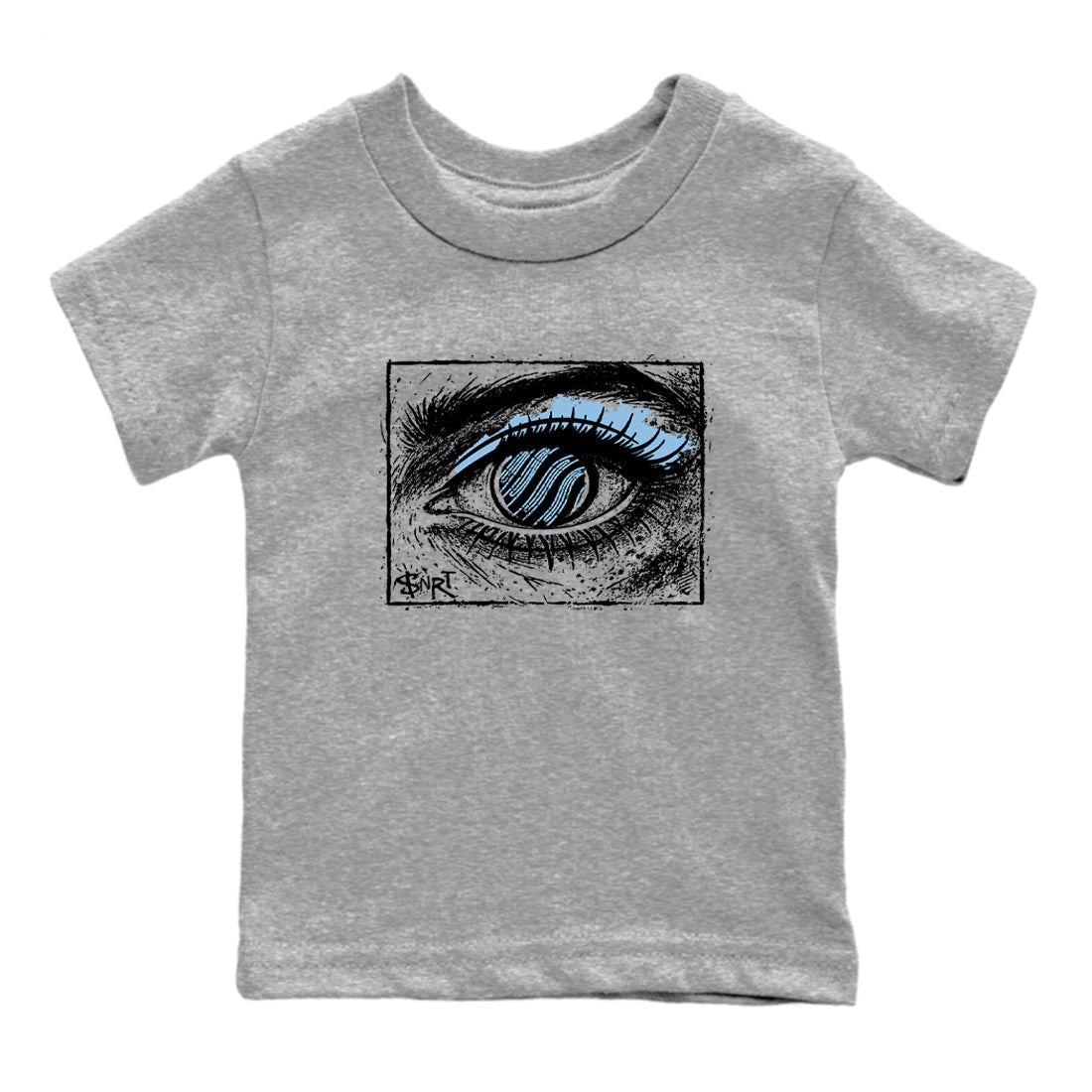 Psychic Wave baby and kids t-shirt crafted for little sneakerheads to shine with the Air Foamposite One Psychic Blue sneakers, displayed in Heather Grey 2.