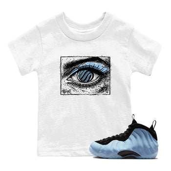 Psychic Wave baby and kids t-shirt crafted for little sneakerheads to shine with the Air Foamposite One Psychic Blue sneakers, displayed in White 1.