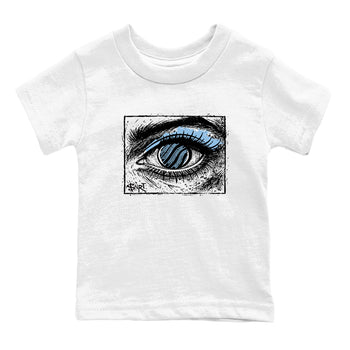 Psychic Wave baby and kids t-shirt crafted for little sneakerheads to shine with the Air Foamposite One Psychic Blue sneakers, displayed in White 2.