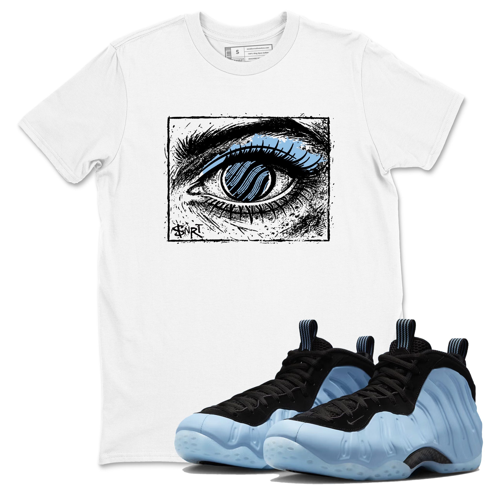 Psychic Wave sneaker match t-shirt styled to complete your fit with the Air Foamposite One Psychic Blue sneakers, shown in White 1.