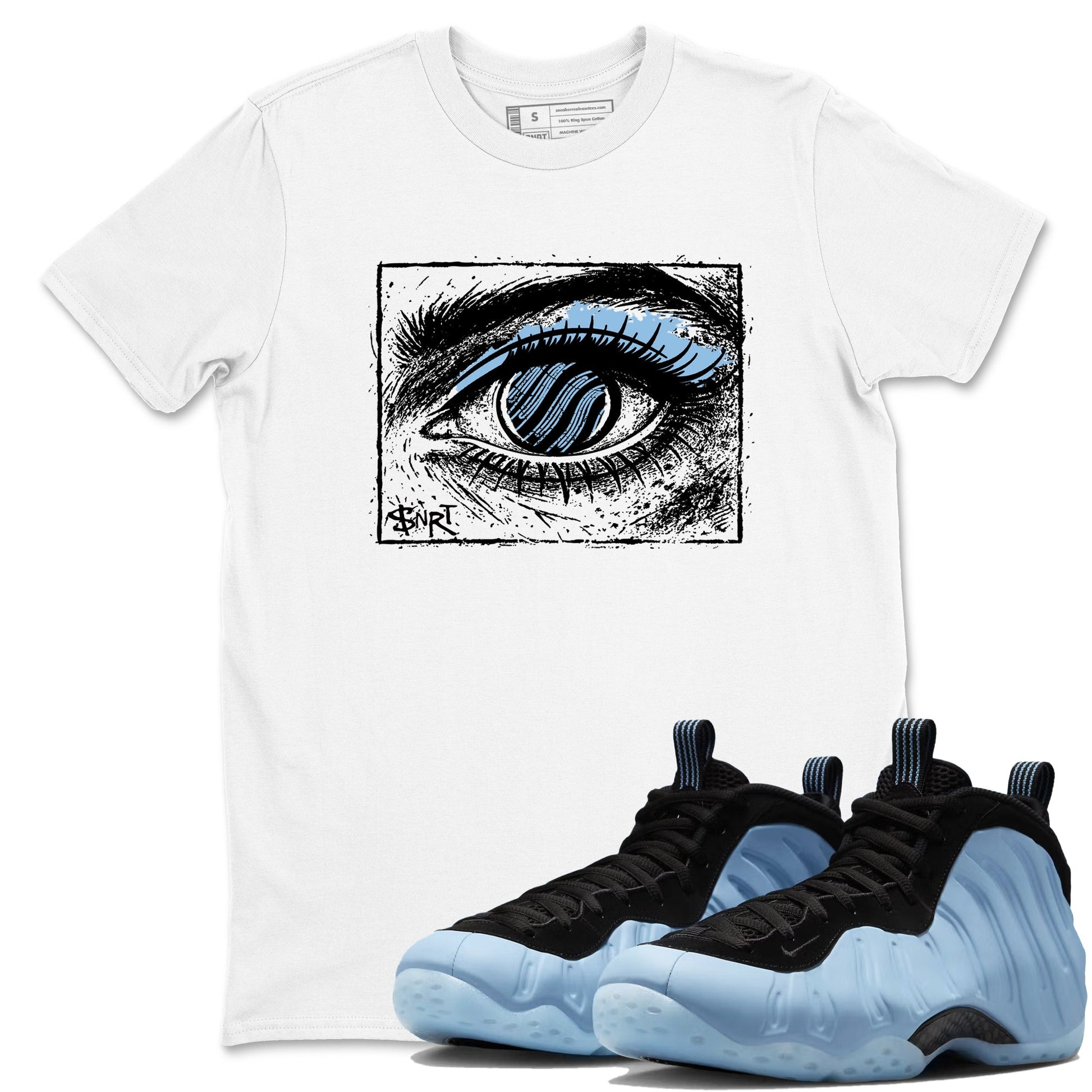 Psychic Wave sneaker match t-shirt styled to complete your fit with the Air Foamposite One Psychic Blue sneakers, shown in White 1.