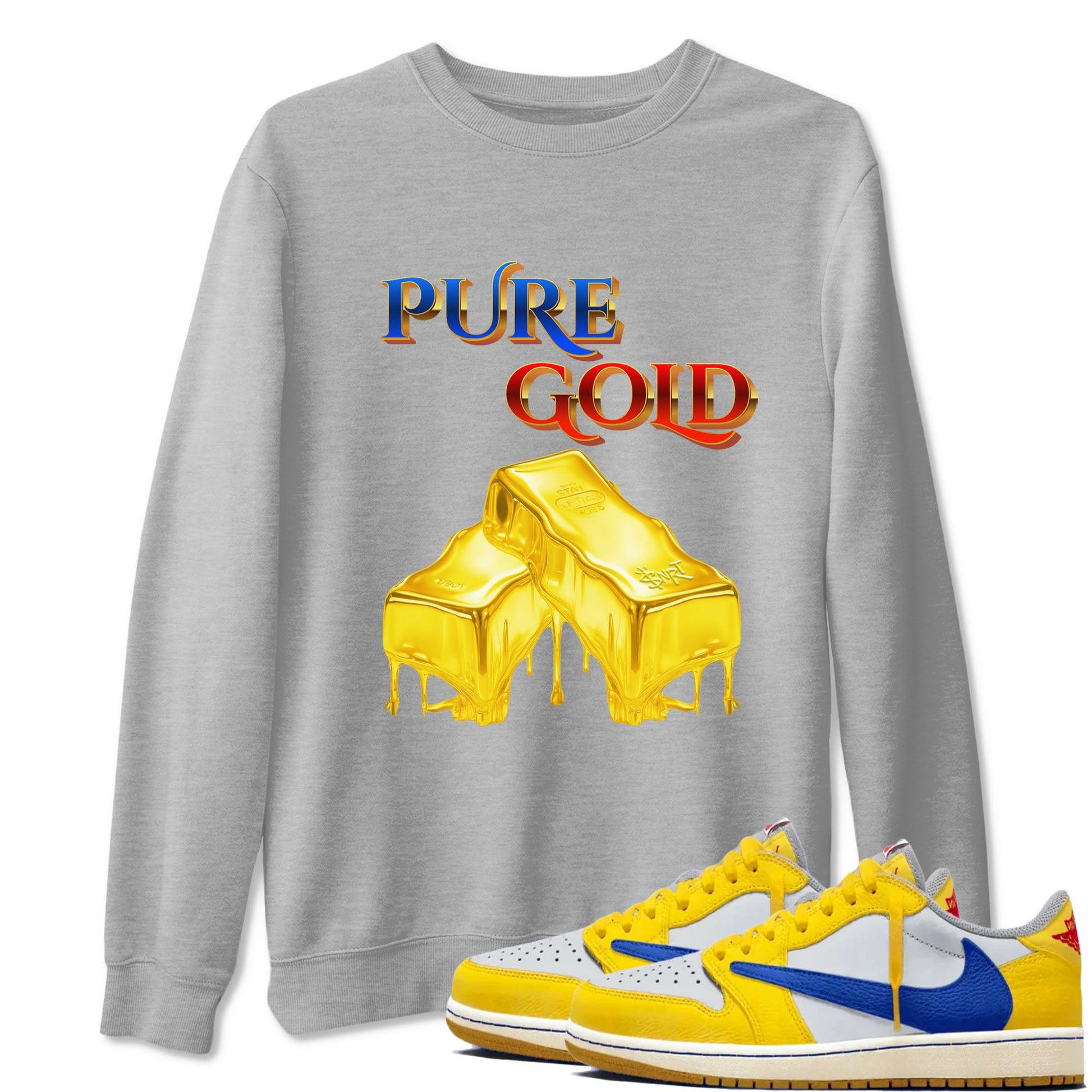 AJ1 Travis Scott Canary shirt to match jordans Pure Gold sneaker tees Air Jordan 1 Travis Scott Canary SNRT Sneaker Release Tees unisex cotton Heather Grey 1 crew neck shirt
