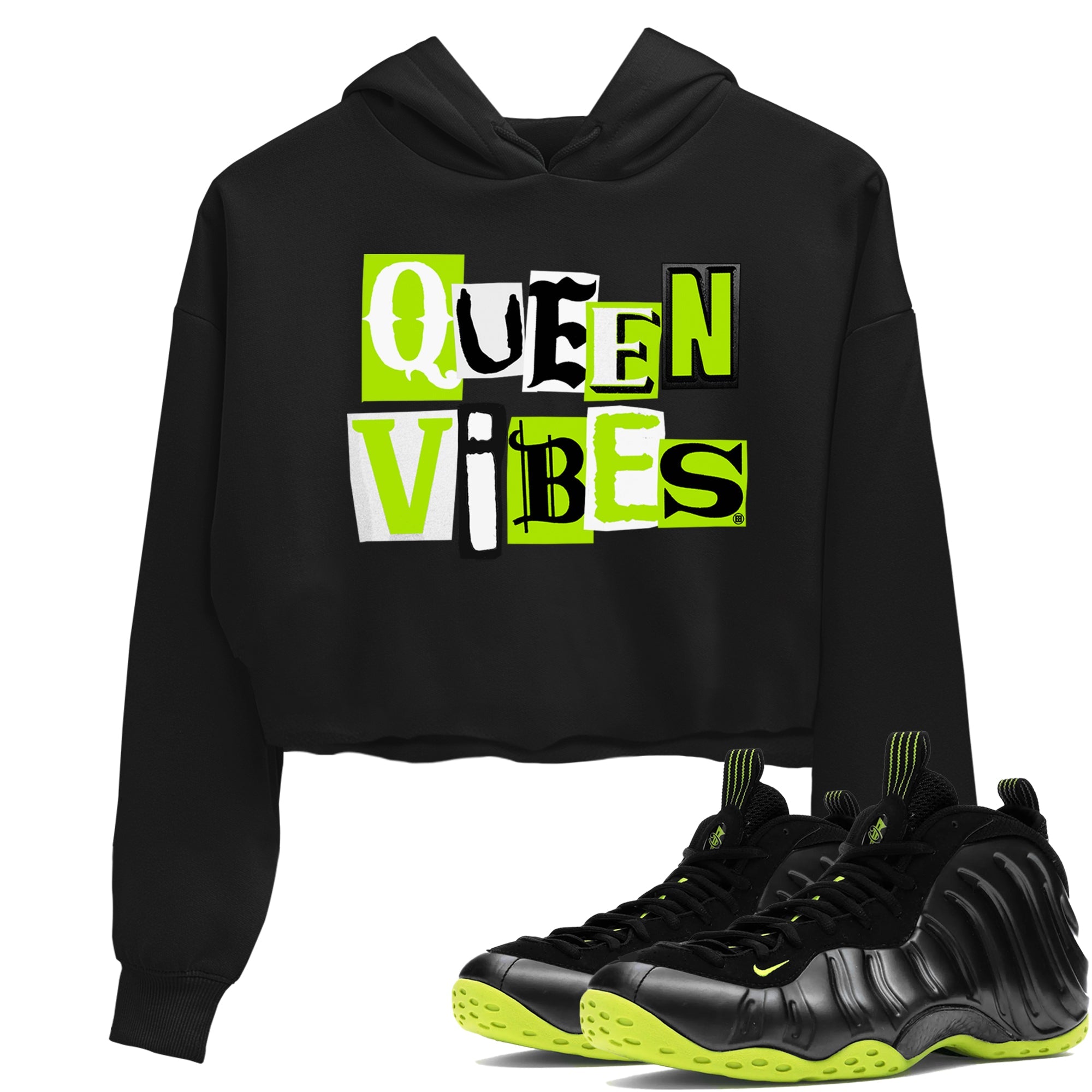 Foams One Black Volt best t shirts to wear with jordans Queen Vibes sneaker match tees Air Foamposite One Black Volt match shoes to clothes SNRT Sneaker Tees unisex cotton Black 1 crop tee