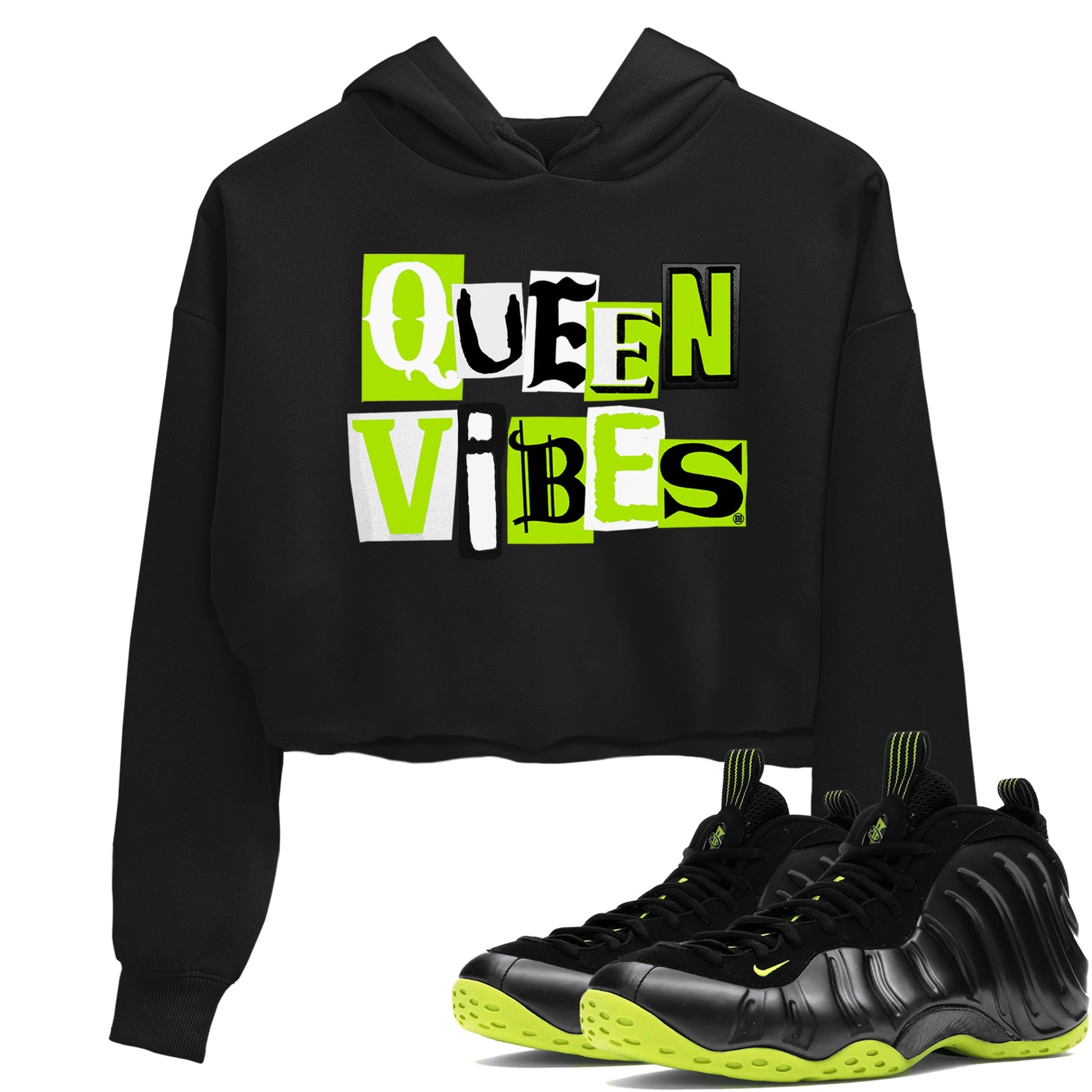 Foams One Black Volt best t shirts to wear with jordans Queen Vibes sneaker match tees Air Foamposite One Black Volt match shoes to clothes SNRT Sneaker Tees unisex cotton Black 1 crop tee